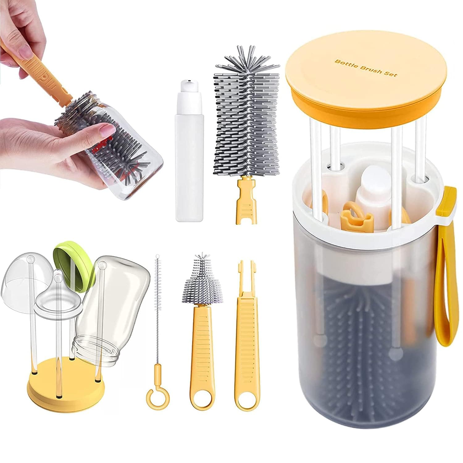 PYLCO Baby Bottle Brush Set, Silicone Brush Travel need Built-in Kid Bottles Drying Rack, and Straw Cleaning Brushes Kit, Soap Dispenser Feeder Bottle Warmer Bowl, New Born Babies Gift Set