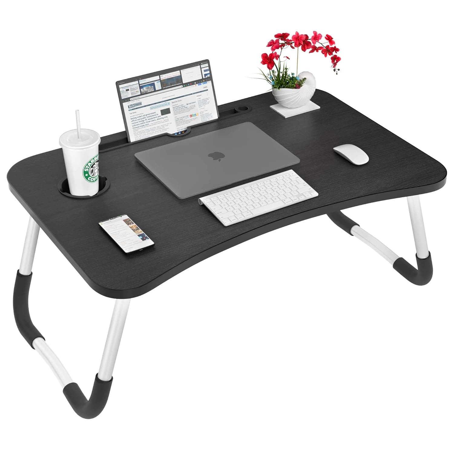 Foldable Lap Desk for Bed With Cup Holder - Portable Table for Working, Eating and Writing (Black)