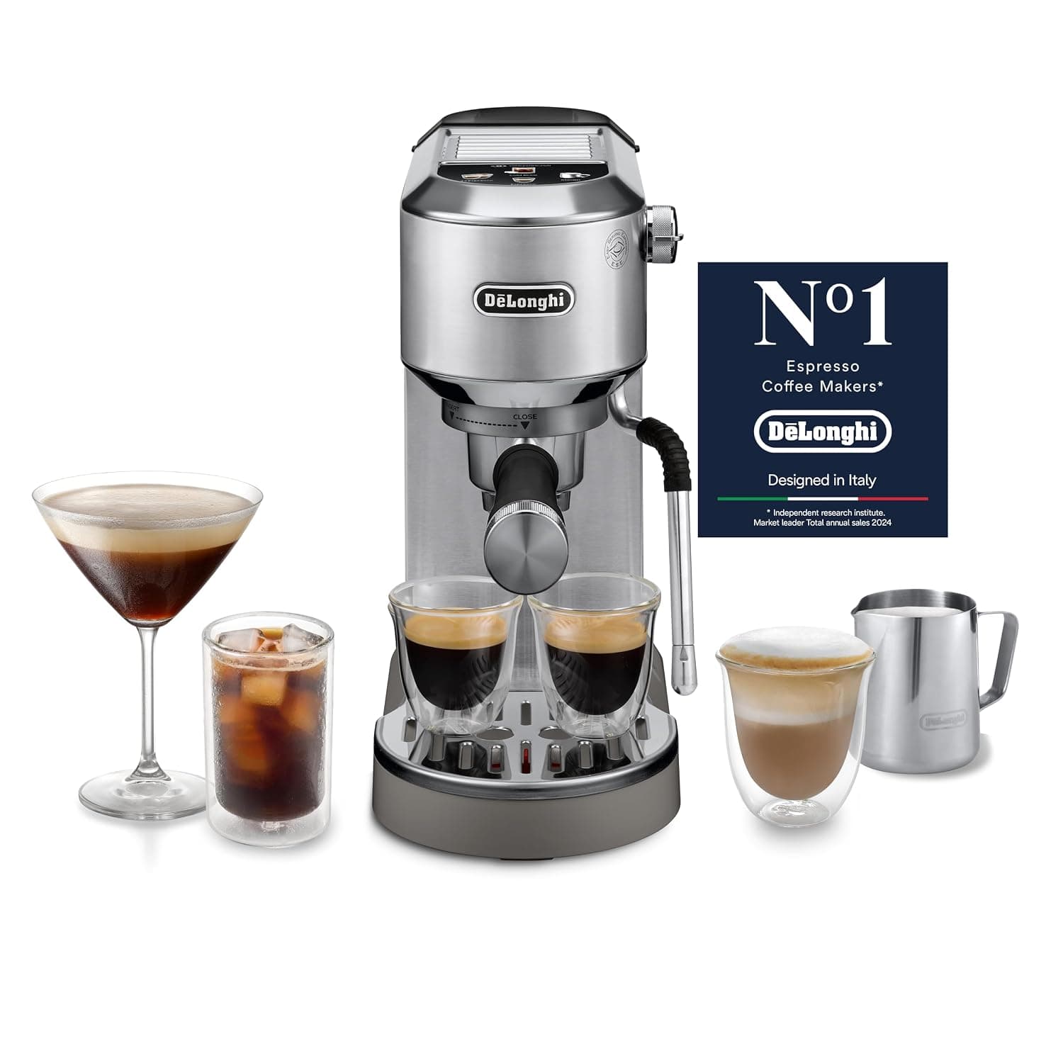 De'Longhi Dedica Duo, Barista Coffee Machine with Pump, Espresso and Cold Brew, Manual Coffee Machine with LatteArt Steam Rod, 15 cm Wide, 2 Espresso, Touch Screen, Cup up to 13 cm, EC890.M, Metal