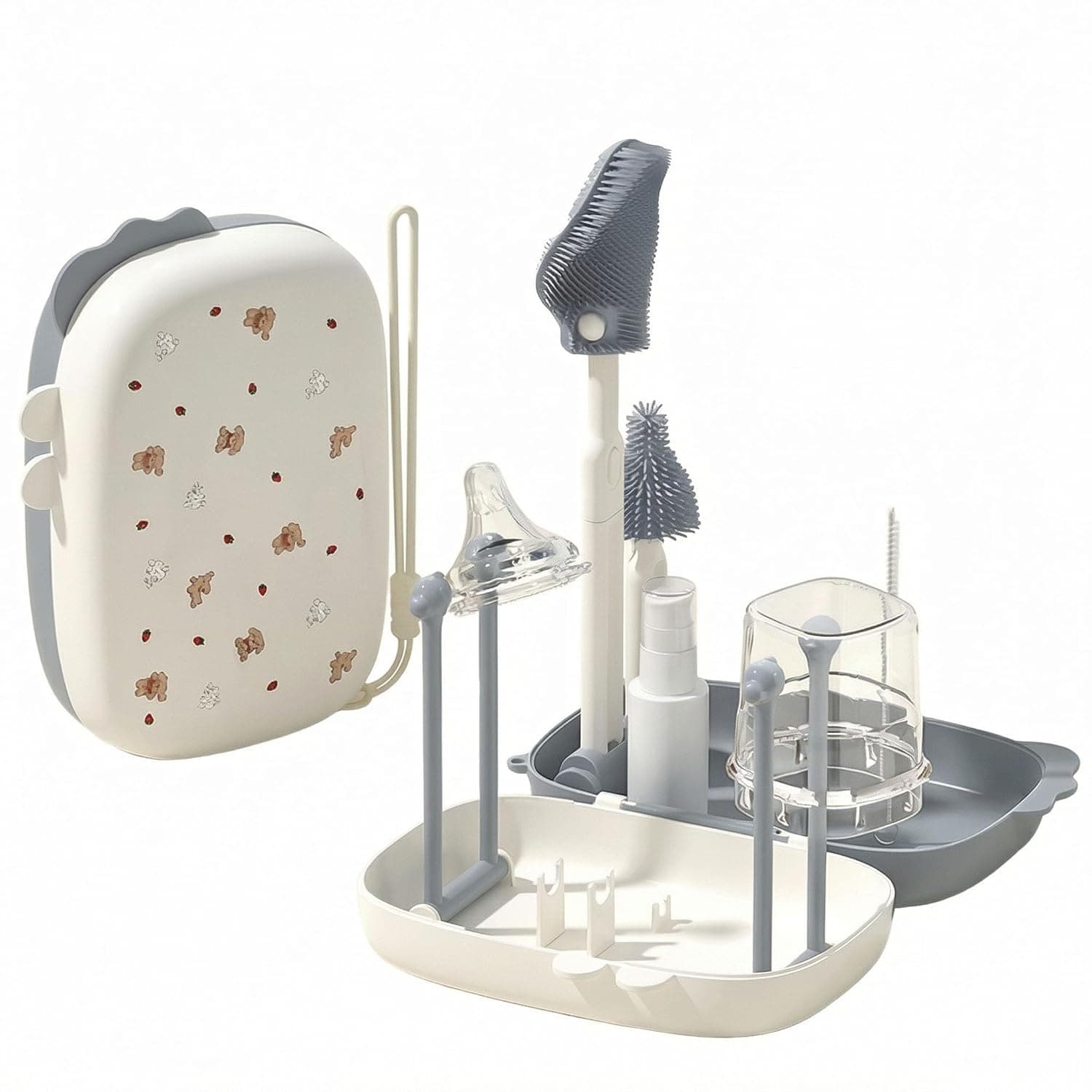 ToolHouse Portable Baby Bottle Brush Set with Storage Case, Travel Bottle Cleaning Kit Including Bottle Brush, Nipple Brush, Straw Brush and Drying Rack for Home and On The Go Use (Deep Space Gray)
