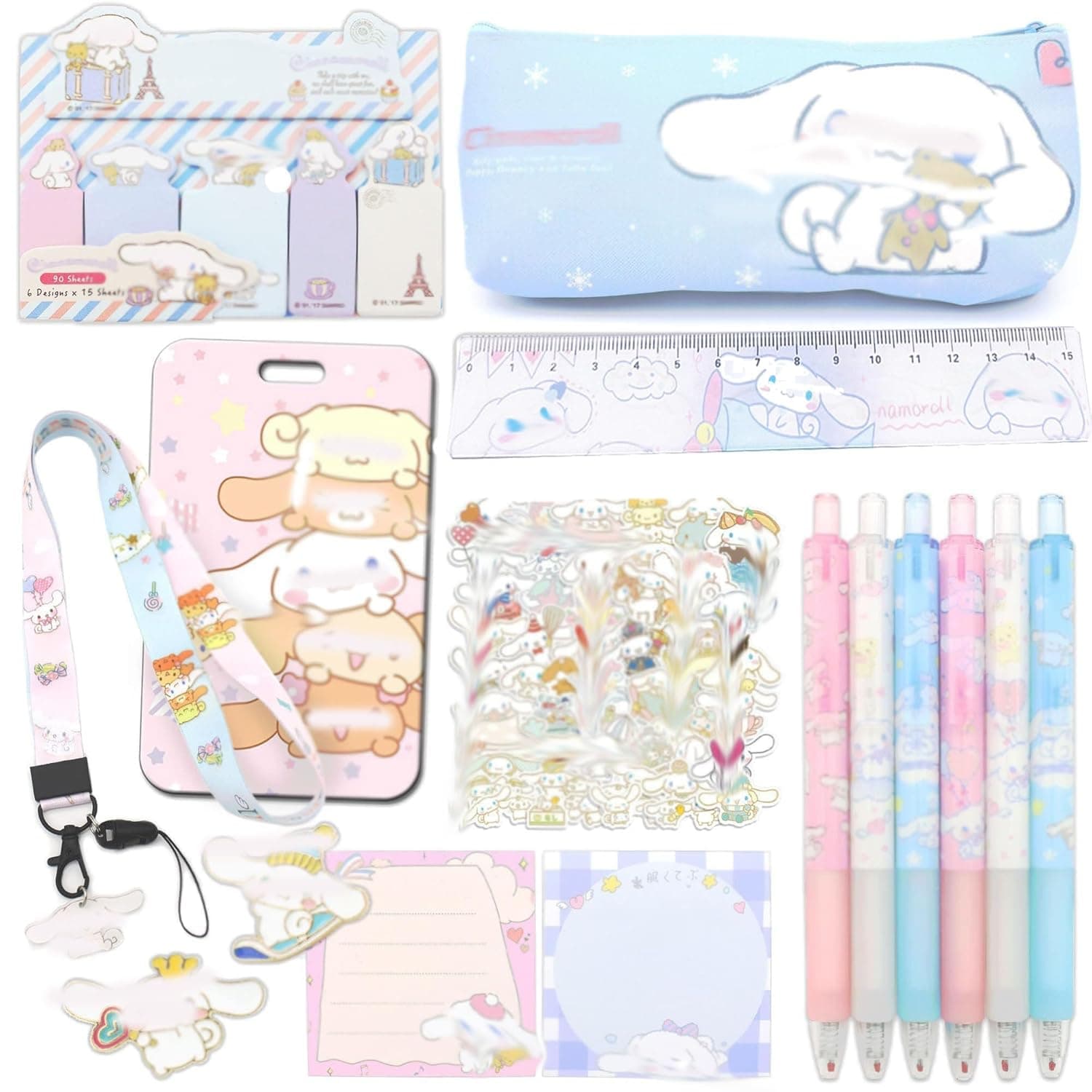 Cute School Supplies Set, Kawaii Office Supplies, Includes Pencil Case, Ballpoint Pens, Ruler, Sticky Note, Stickers, Enamel Pins, Lanyard with ID Card Holder for Girls
