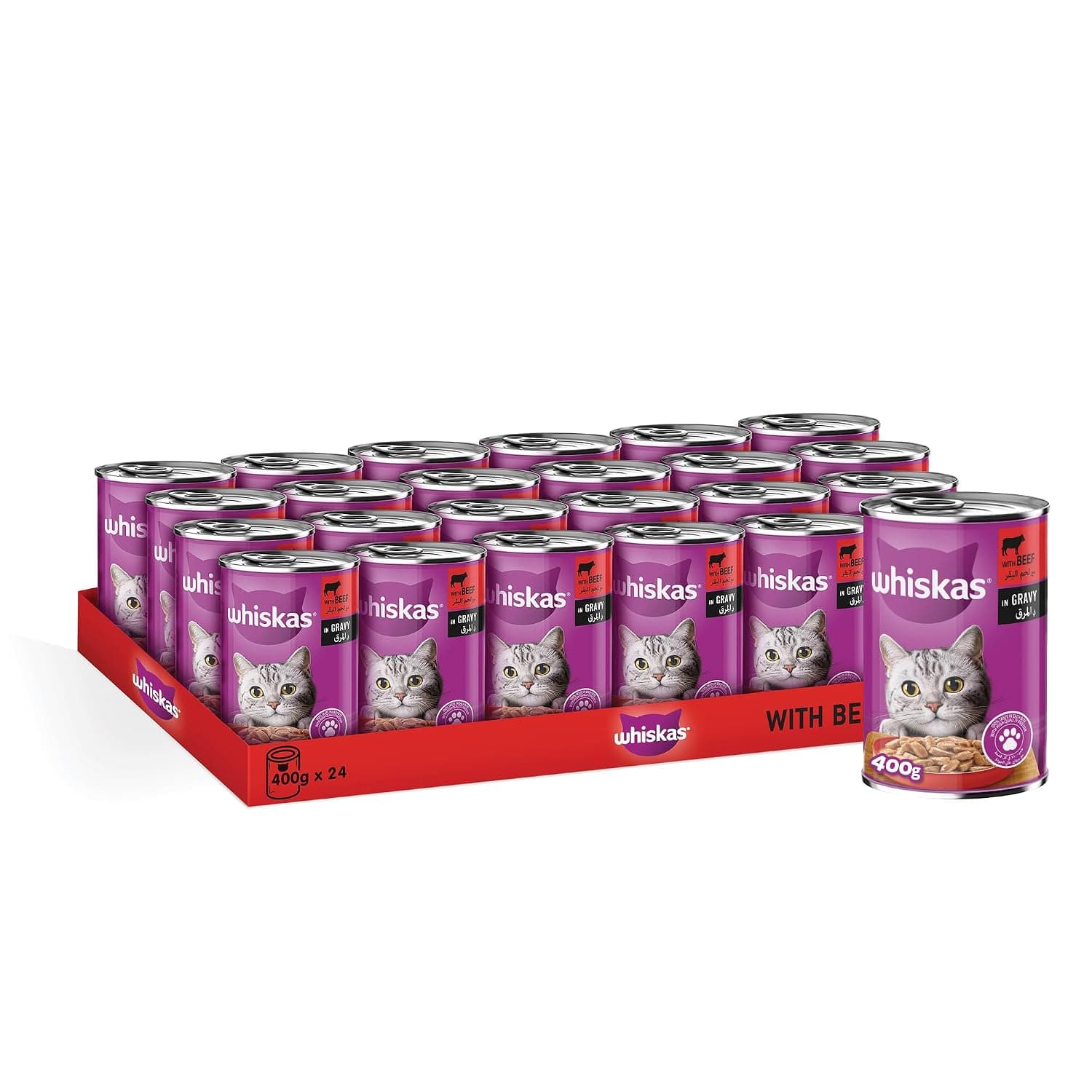 Whiskas beef in gravy can, wet cat food, for 1+ years adult cats, high quality ingredients, enriched with proteins, vitamins & nutrients, for a complete & balanced nutrition for cats, pack of 24x400g