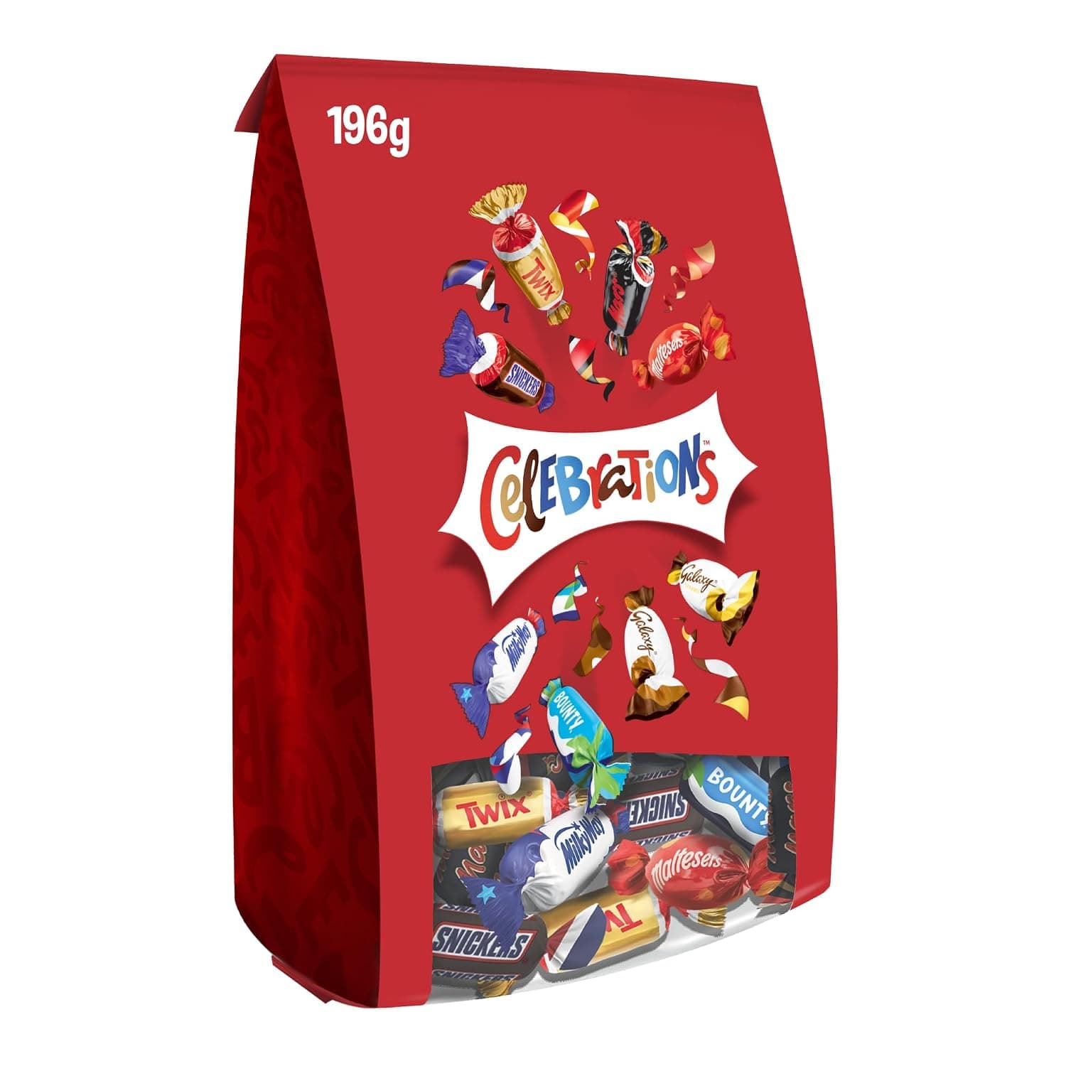 Celebration, 196g, Your Favorite Chocolate Candy Mix, Twix, Snickers, Maltesers, Galaxy Milk, Bounty, Milky Way, Mars, and Galaxy Caramel