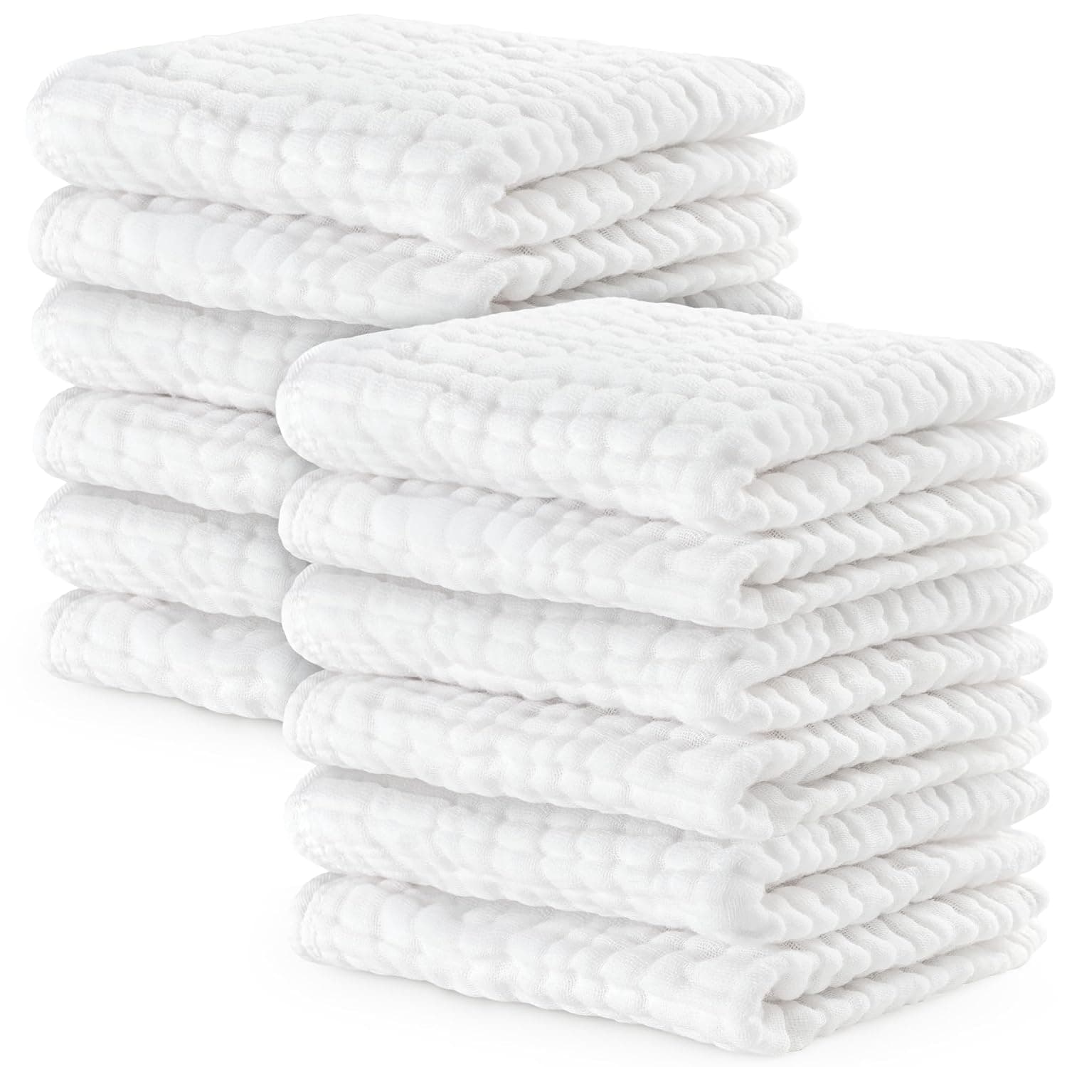 Baby Washcloths, Muslin Cotton Baby Towels, Large 10”x10” Wash Cloths Soft on Sensitive Skin, Absorbent for Boys & Girls, Newborn Baby & Toddlers Essentials Shower Registry Gift (White, Pack of 10)