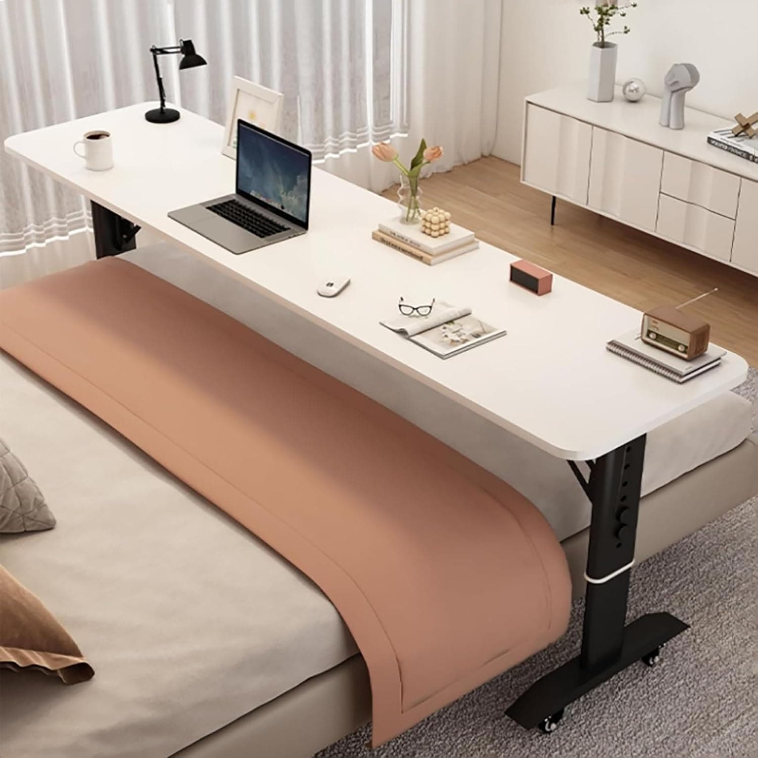 Over-Bed Tables, With Wheels Mobile Computer Table For Bed Overbed Table Adjustable Height Solid wood panel(C,120x50cm(47.2x19.7in))