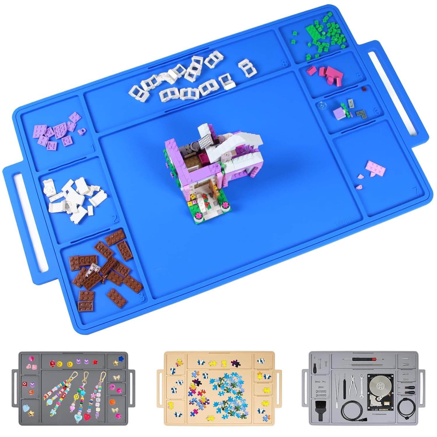 Building Plate with Numbered Squares, Building Block Tray for Toys, Made of High-Quality Silicone, Base Plate to Promote Creativity and Order, for Children and Adults (Blue)