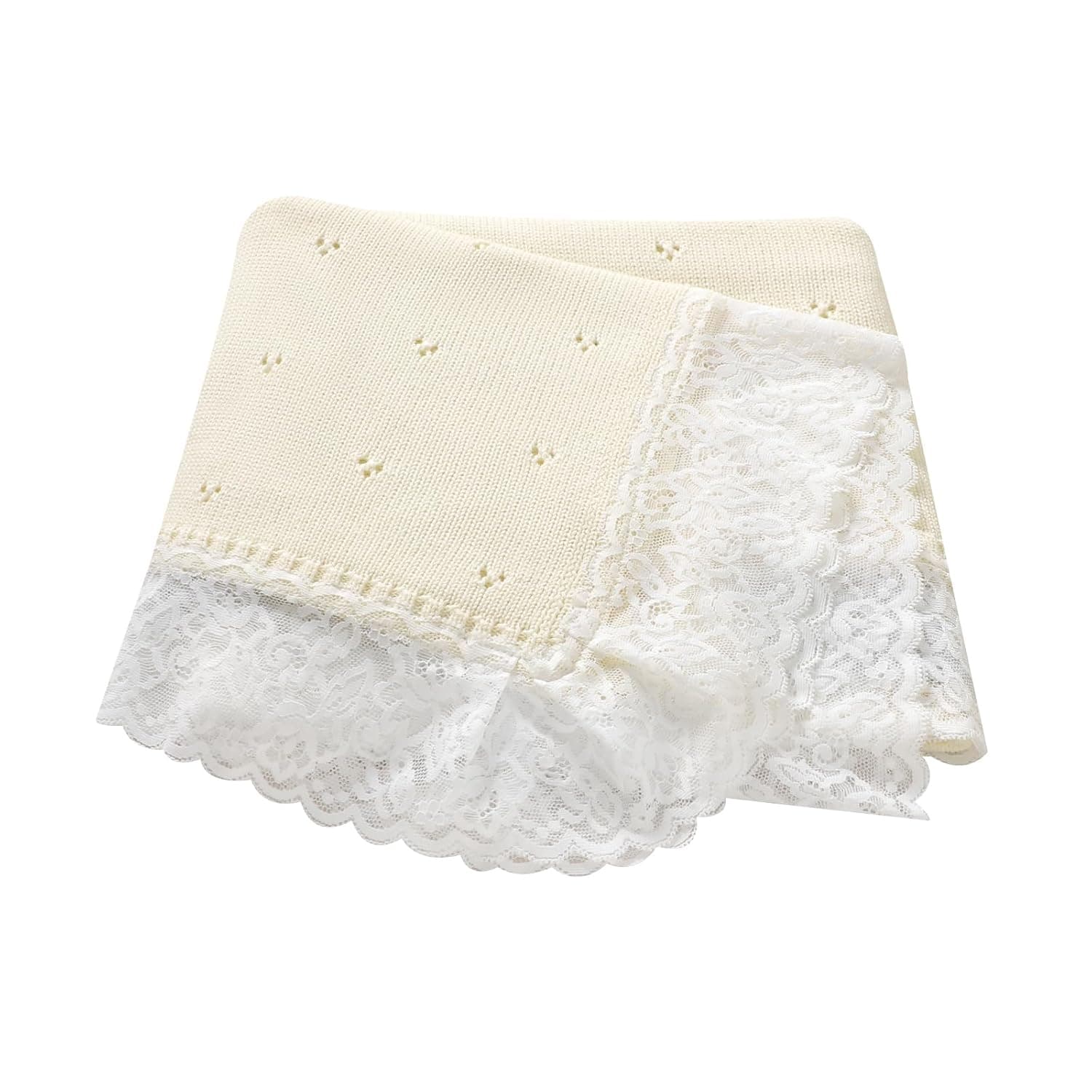 Hadetoto Cotton Baby Blanket for Girls Boys, 82x102cm (Cream) | Knit, Soft Lace Crochet, Cellular, Newborn, Lightweight, Nursery Bedding, Crib Swaddling