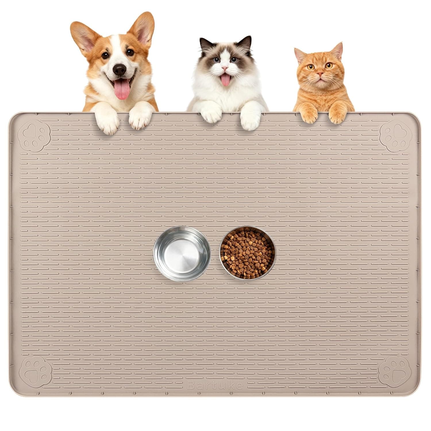Kalolary Extra-Large Silicone Cat Feeding Mat – Waterproof Non-Slip Pet Food Tray with Raised Edges, Easy-to-Clean Floor Protector for Cats & Small Pets (Khaki（101 * 71cm）)
