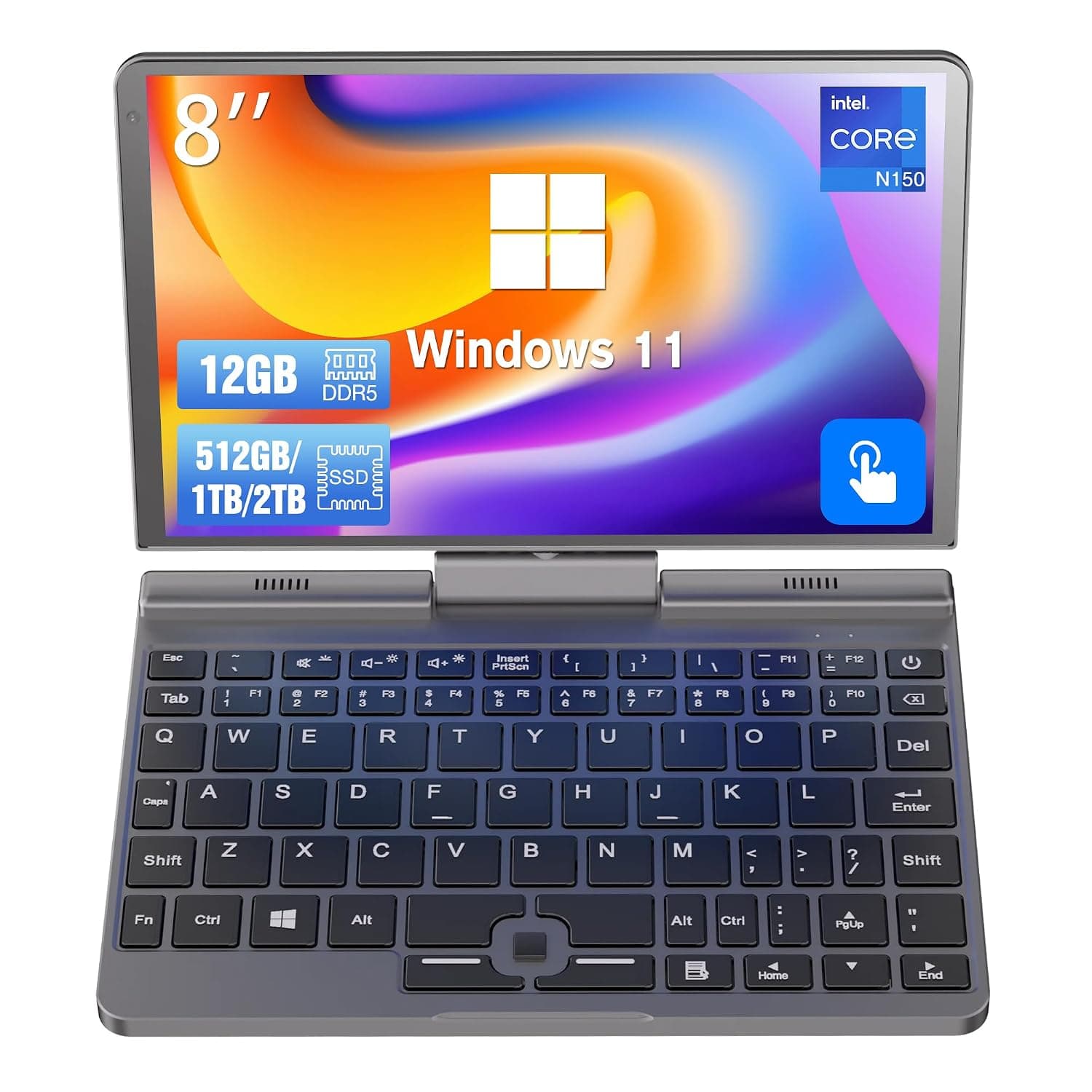 8 inch Mini Laptop N95 Touchscreen Notebook Tablet 2 in 1 Handheld Computer Portable Small Pocket PC Win-11 Pro, 12GB RAM 1TB SSD, Gigabit/Wi-Fi 6/BT5.2/2MP Camera/G-Sensor/HDMI/PD 30W Charging