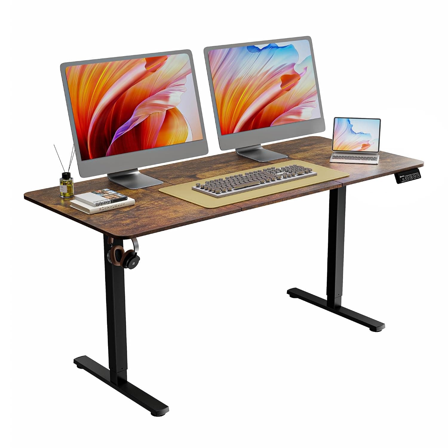 ERGOMAKER 160 * 70 cm Electric Standing Desk, Adjustable Height, Sit Stand Up Desk for Home Office & Computer Workstations, Memory Controller, Rustic Brown | Electric Adjustable Standing Desk, Sit to Stand Computer Office Desk with Splice Board, Memory Preset, Lifts 28.7''-46.5"