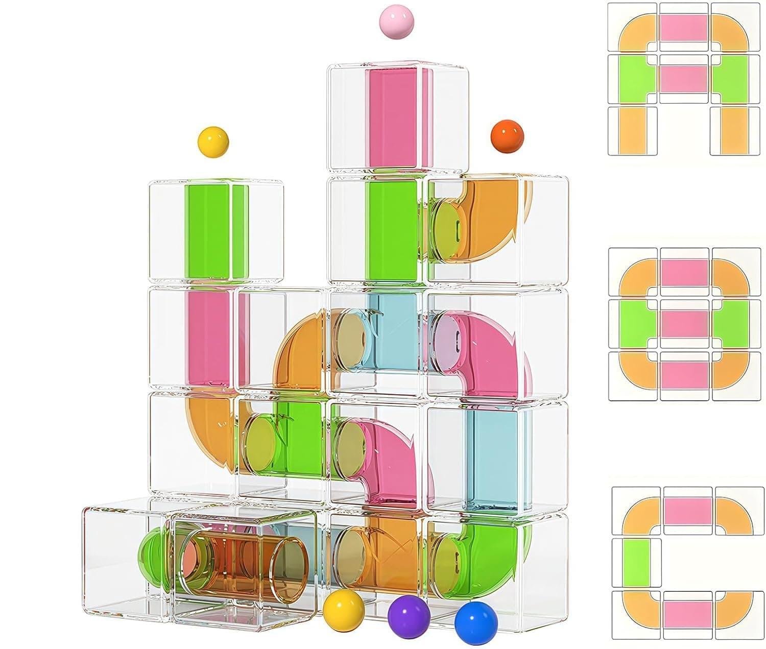 U HOOME 24 PCS Stacking Blocks - 1.6 Inch Transparent Puzzle Building Cubes, Pipe Tube Inside for Marble Run, Educational STEM Toy for Kids Ages 3+, Sensory Gifts for Boys Girls (24)