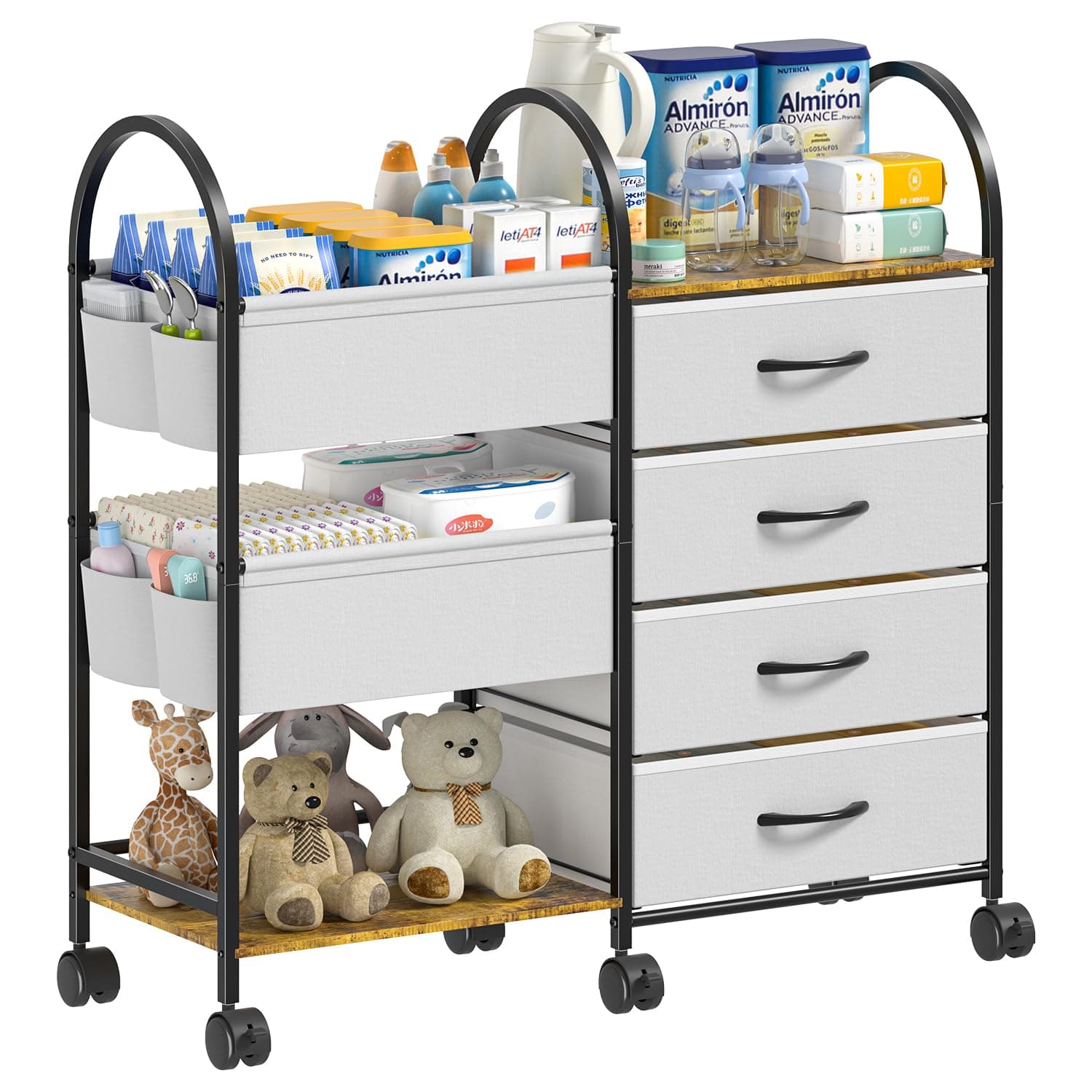 Baby Diaper Caddy Organizer with Wheels, 4-Tier Rolling Storage Cart Featuring Dividers and Drawers, Multi-Layer Nursery Utility Cart for Baby Essentials, Bedroom, Changing Table, Nursery Organization