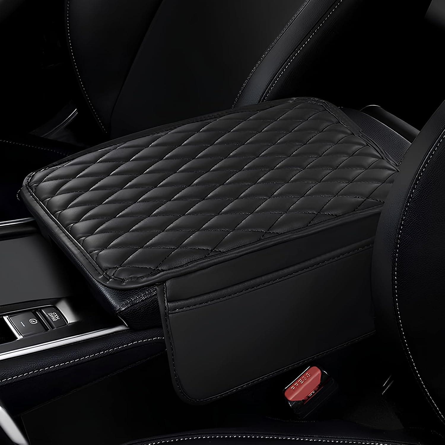 Car Center Console Cover, Leather Armrest Seat Box Cover with 2 Storage Bags, Universal Car Armrest Seat Box Pad Car Decor Accessories for Most Vehicles (Black)