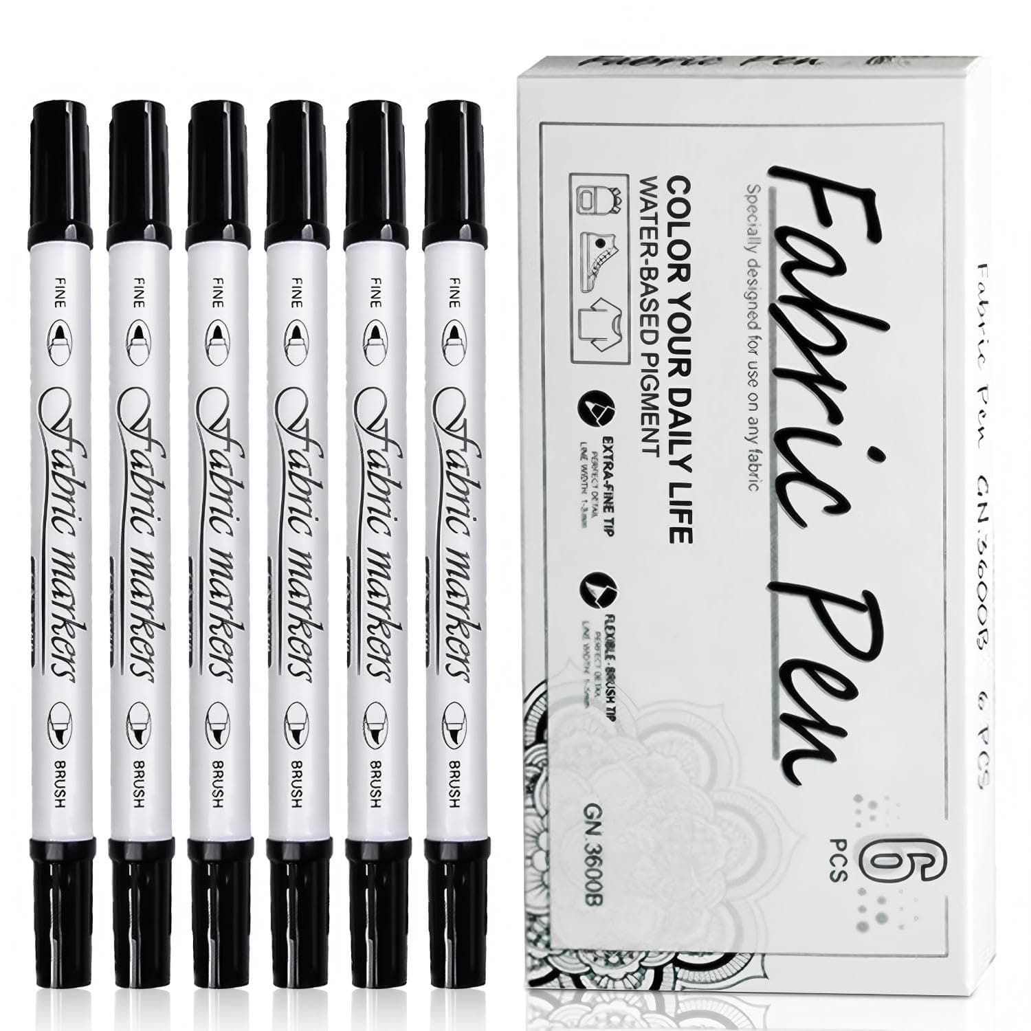 6 PCS Black Fabric Markers, Dual Tips Fabric Paint Pens, Waterproof and No Fading Permanent Textile Markers, for Clothes, Coloring T-Shirts, Shose, Canvas Bags, Hats DIY