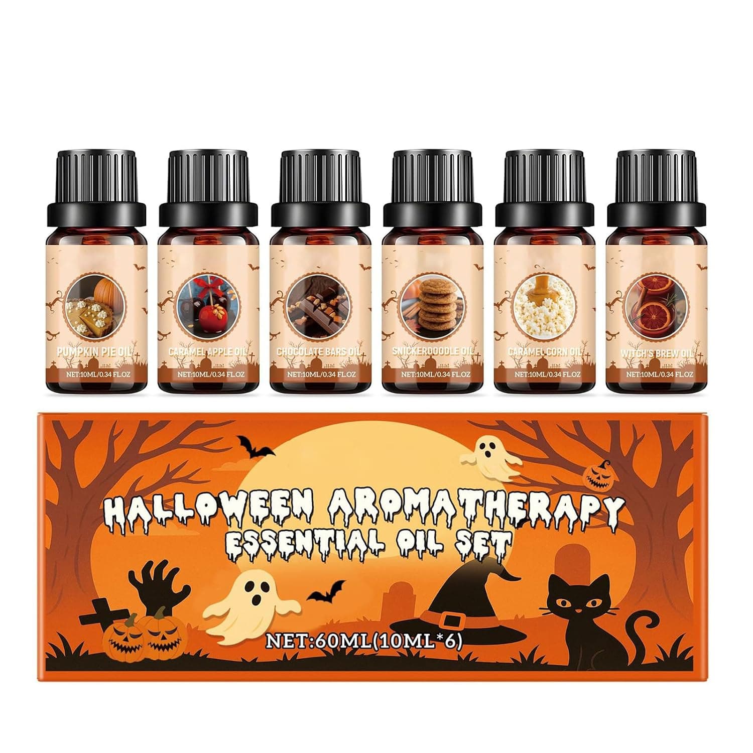Halloween Essential Oils Set, Aromatherapy Fragrance Oil Gift Set, Scary Fragrance Oil Gift Set, 6 x 10 ml, Essential Oils for Diffuser, 6 Different Fragrances, for Diffuser Humidifier