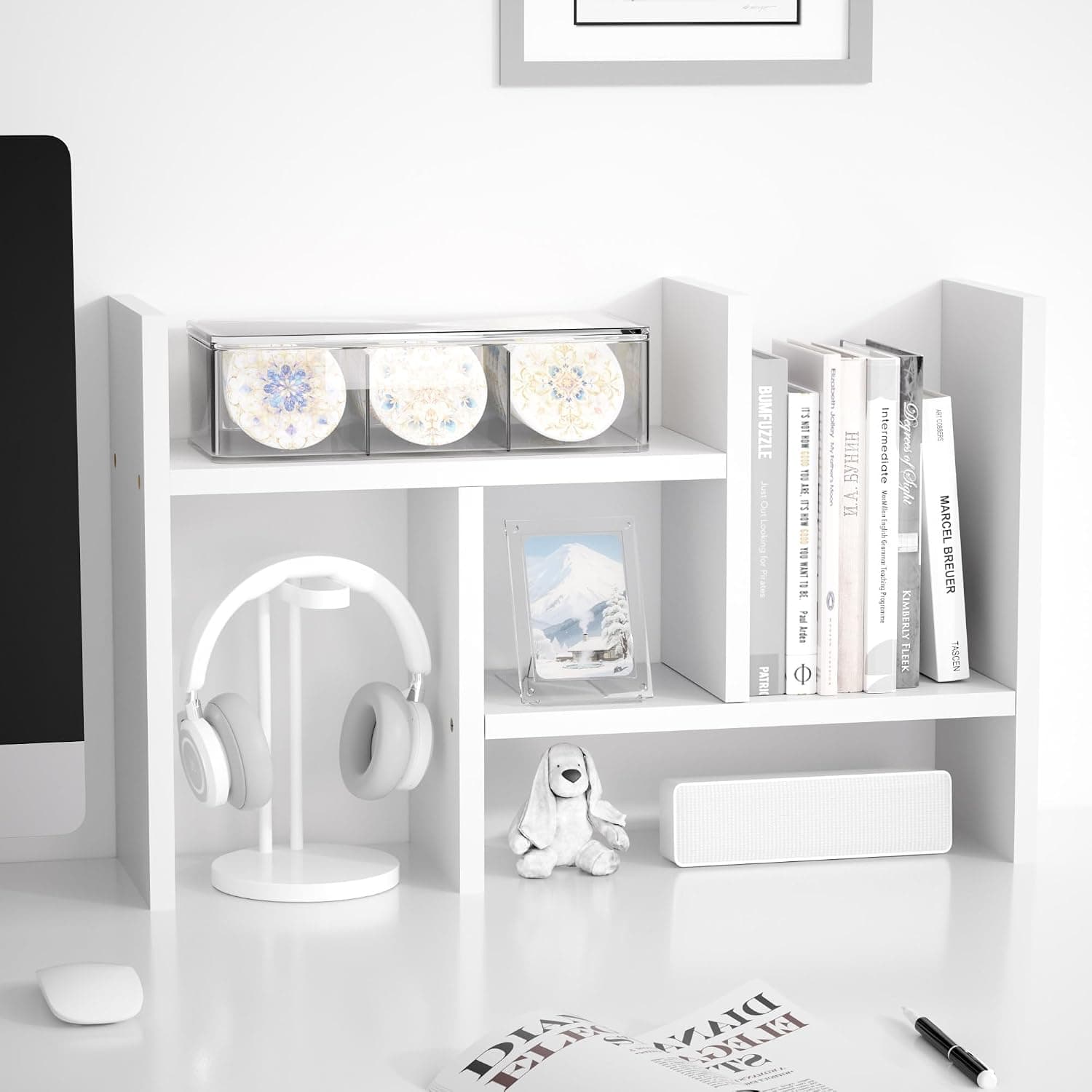 Jerry & Maggie Desktop Organizer Office Storage Rack Adjustable Wood Display Shelf Free Style Double H Display True Natural Stand Shelf (White)