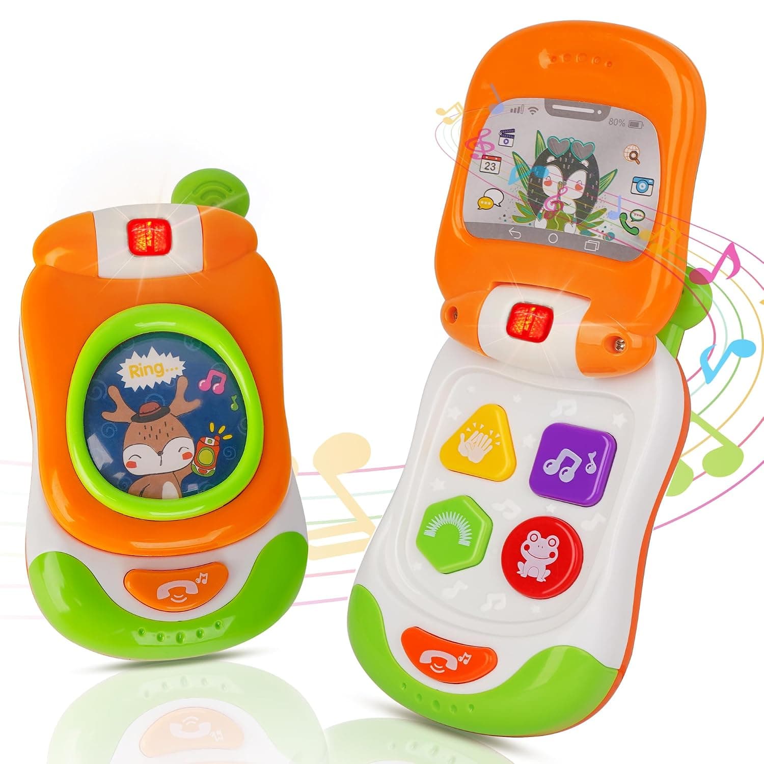 Musical Baby Flip Phone Toy, Interactive Learning Toy with Lights and Sounds, Educational Pretend Play Mobile Phone for Toddlers (Orange)