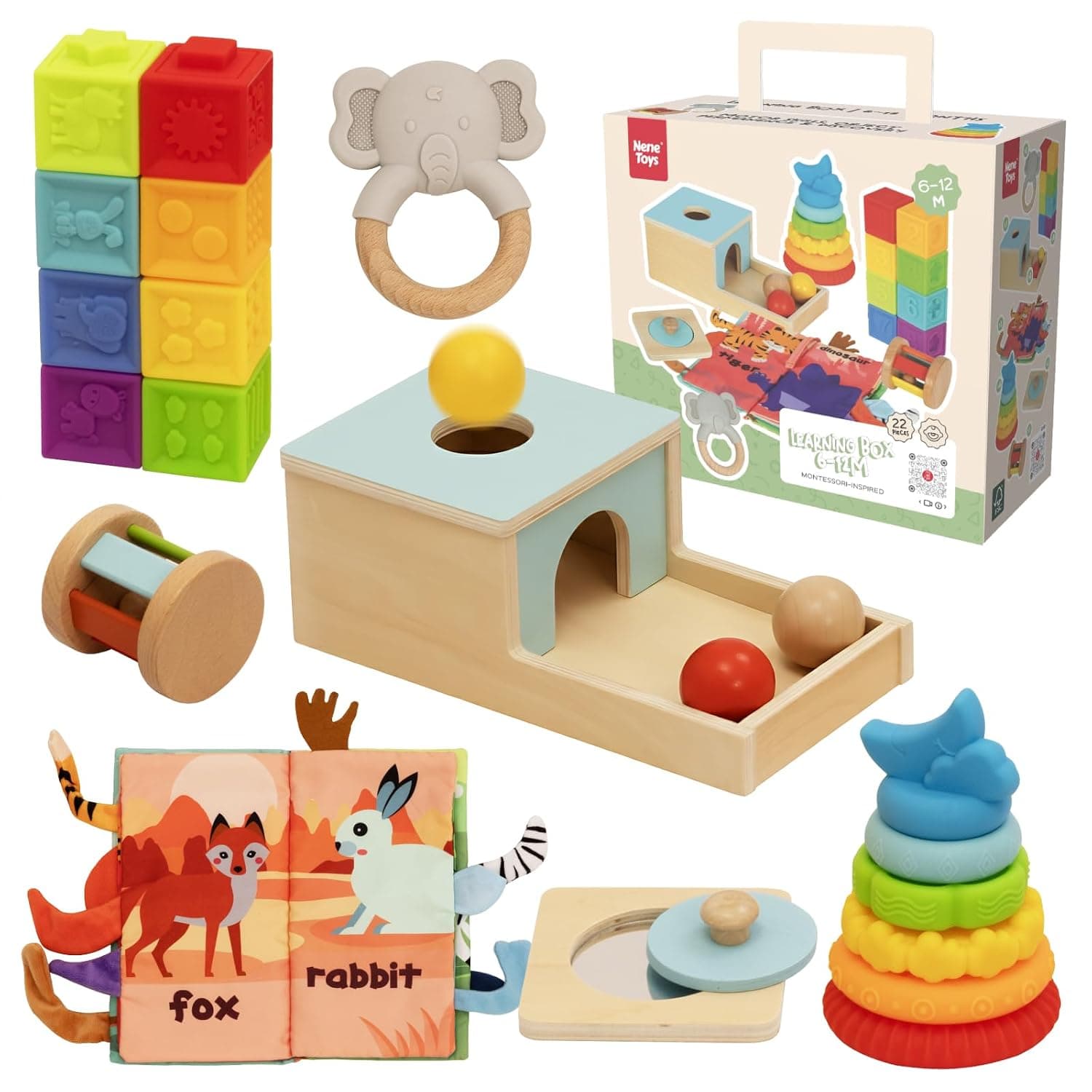 Nene Toys Montessori Baby Toy from 6 Months - Wooden Learning Toy for Babies - Object Permanent Box, Stacking Tower, Mirror Puzzle, Fabric Book, Teething Ring, Rattle & 8 Sensory Blocks - Gift 6-12