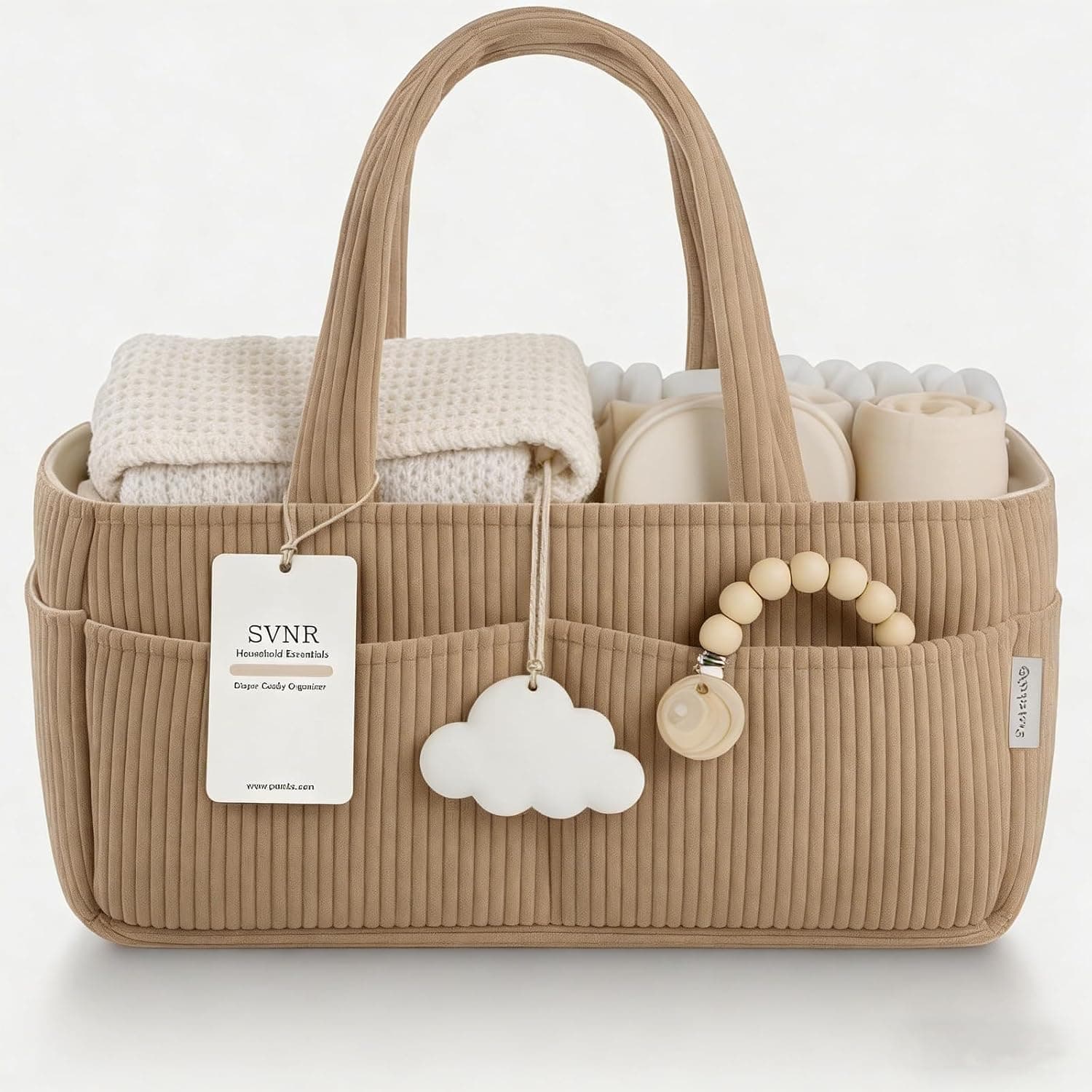 SVNR Baby Diaper Caddy Organizer - 14x9x7 Inch Corduroy Nursery Storage Baske with Removable Dividers, Baby Registry Must Haves, Portable Baby Changing Station for Essentials, Brown