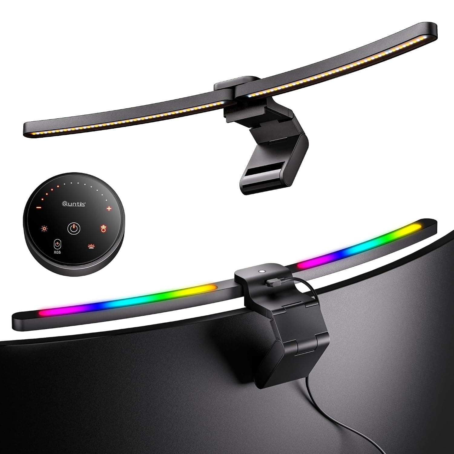 Quntis Curved RGB Monitor Light Bar With Remote Control Auto-Dimming, Black | Multi-Light Control 1400 lux R98 3000K–6500K Anti-Blue Light Stepless Dimming Foldable Backlight Fits 32–49"Monitors No Glare