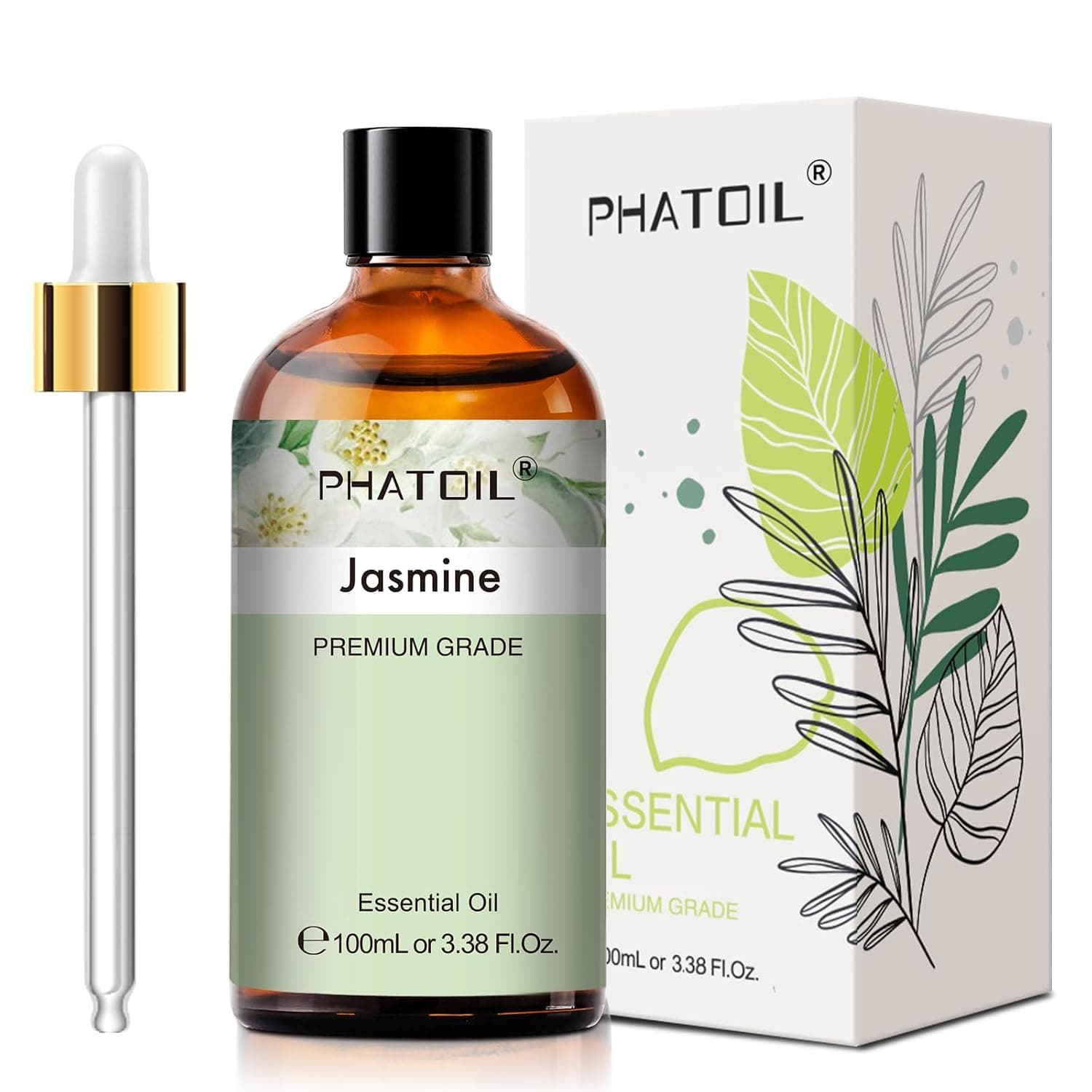 PHATOIL 3.38FL.OZ Jasmine Essential Oil with Glass Dropper, for Aromatherapy Diffusers, Humidifiers, Great for DIY Candle and Soap Making, Huge 100ML Bottle | Pure Jasmine Oil for Humidifier, Air Freshening, Skin, Yoga, Long Lasting Essential Oils for DIY Scent Project 3.38fl.oz