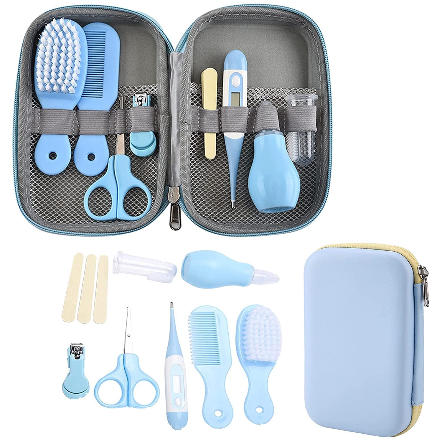 ALMEKAQU Baby Beauty Set, 8-in-1 Baby Hair Brush,Baby Grooming Kit, Baby Care Items, Baby Care Essentials Set, Baby Supplies Set,Nail Clipper,Hose Cleaner, for Baby Body Care Beauty Kit (blue)