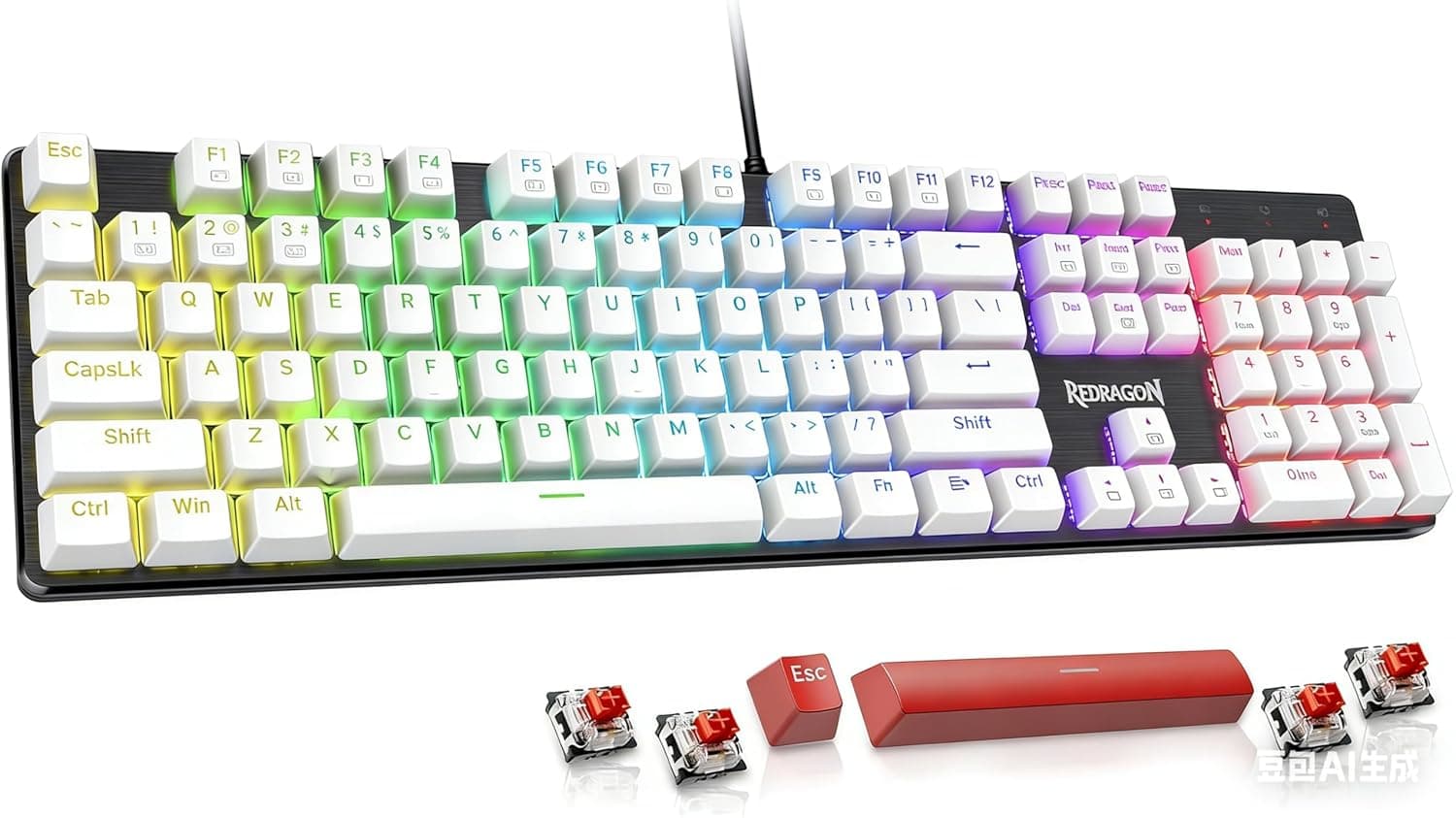 كيبورد العاب ميكانيكي K552 من ريدراجون باضاءة خلفية LED والوان RGB مع مفاتيح مضادة للغبار لويندوز الكمبيوتر (ابيض، 87 مفتاح بلون احمر)، USB-C