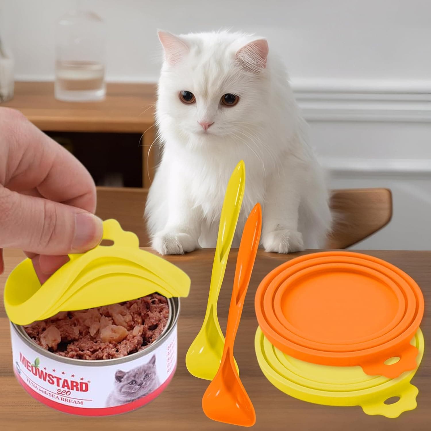 4 Pcs Silicone Pet Food Can Lid with 2 Spoons, Food-Grade Airtight Leakproof Cover for Dog and Food Cover, Universal Size Can Lids, Yellow and Orange, 4.13 Inch