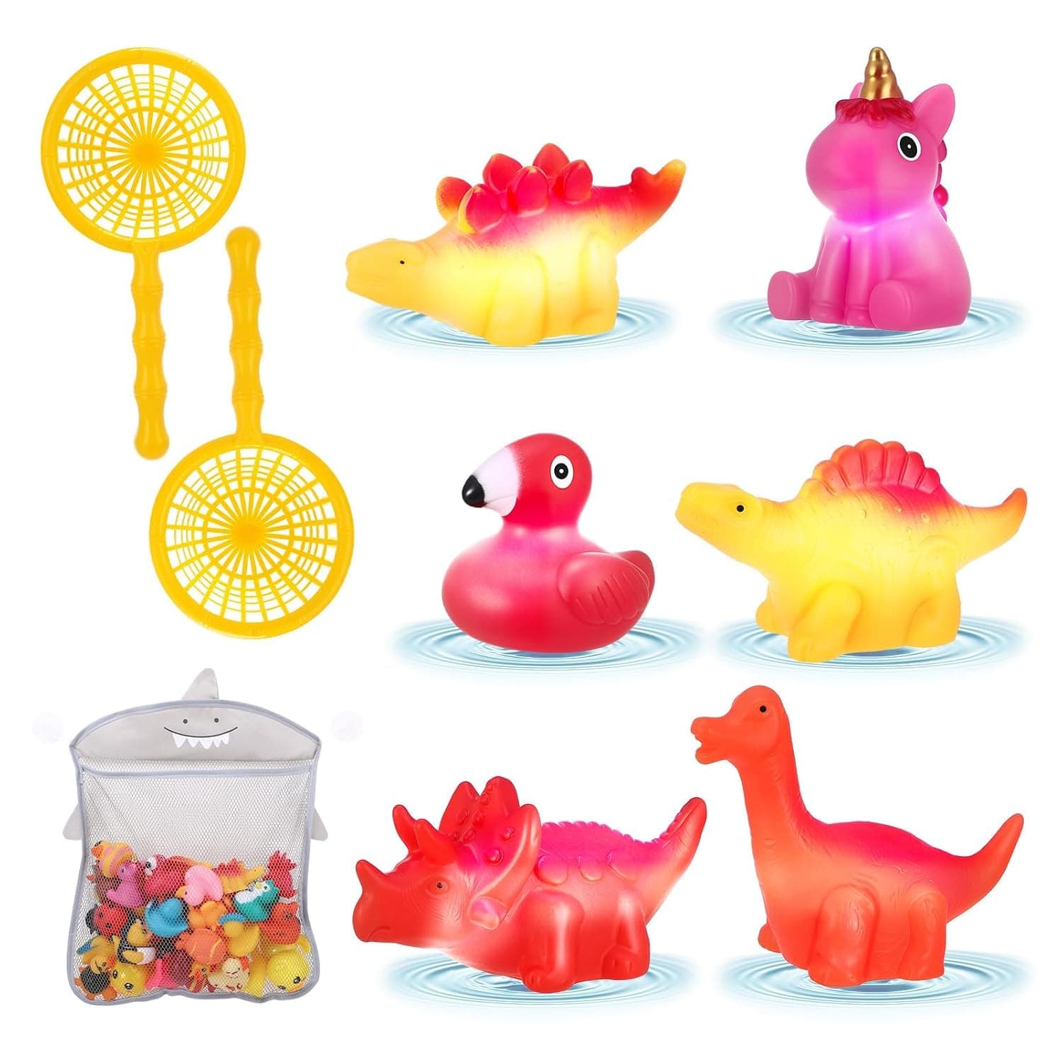 9PCS Light Up Bath Toys, Toddler Flashing Colourful LED Bathtub Toy with Storage Net Bag and Net, Baby Bathtime Floating Rubber Shower Gifts for Infant Kid Boy Girl Birthday Valentines Swim Pool Party