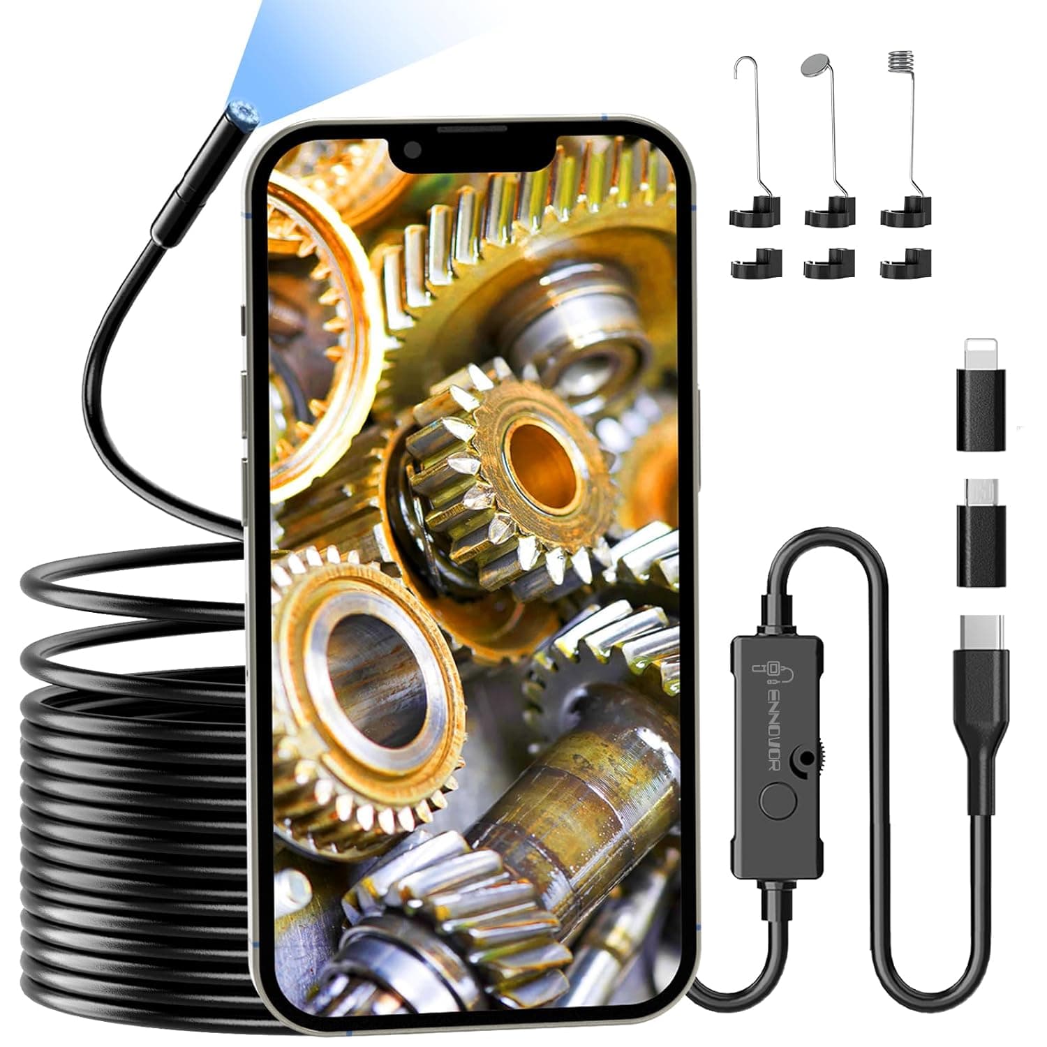 Endoscope Camera Industrial Borescope Camera, 1920P Semi-rigid Inspection Camera with 8 LED Light, Waterproof IP67, 16.5FT/5M Semi-rigid Cable, Compatible with Android and iOS Devices
