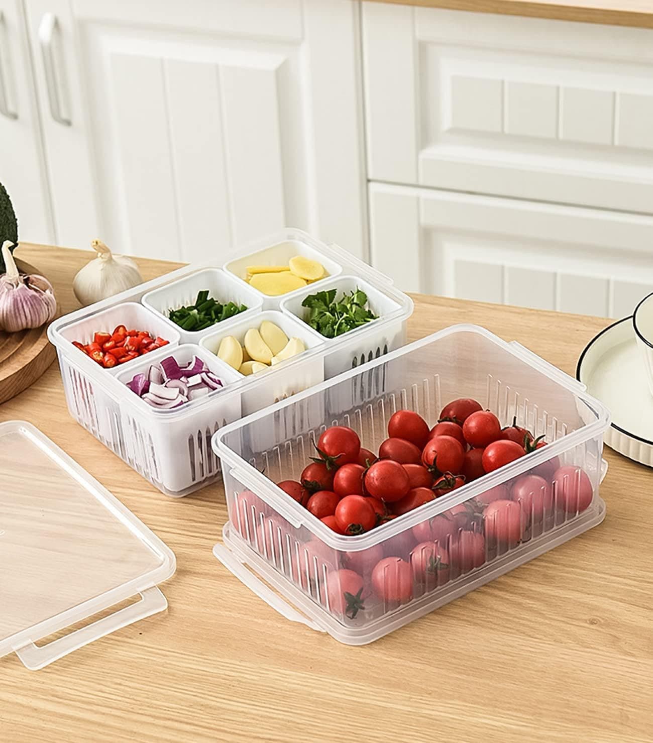 YelaJoy 6 Compartment Refrigerator Food Storage Containers, Fridge Fresh-Keeping Container with Airtight Lids, 6 Grids Draining Crisper, Divided Veggie Tray, Fresh Box, for Kitchen Countertop