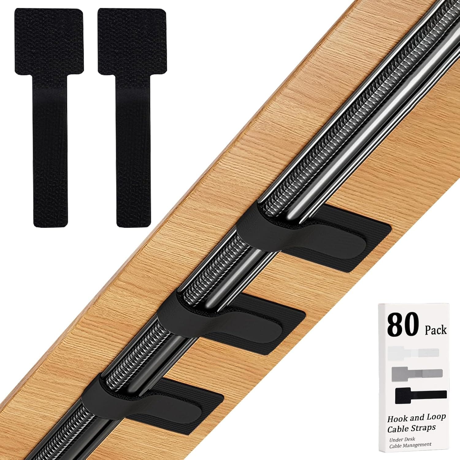 Hook and Loop Cable Management Under Desk, 80PCS Self Adhesive Cable Ties, Reusable Wire Organizers for Cords, Adjustable Cable Straps Clips, Home Office Essentials (Black)