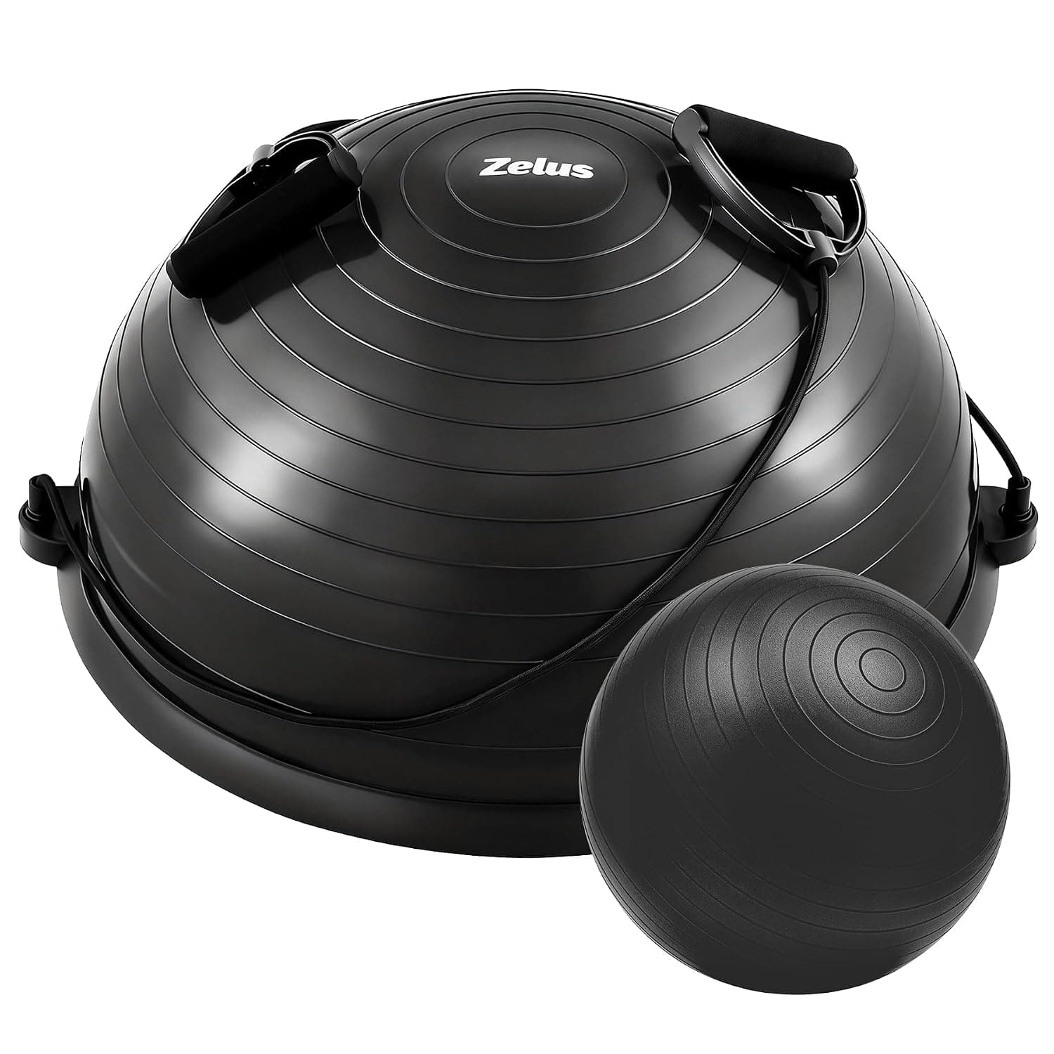 ZELUS 58cm Half Exercise Ball Stability Balance Board with Resistance Bands for Yoga Workouts, Half Dome Pilates Yoga Balance Ball Trainer with Foot Air Pump