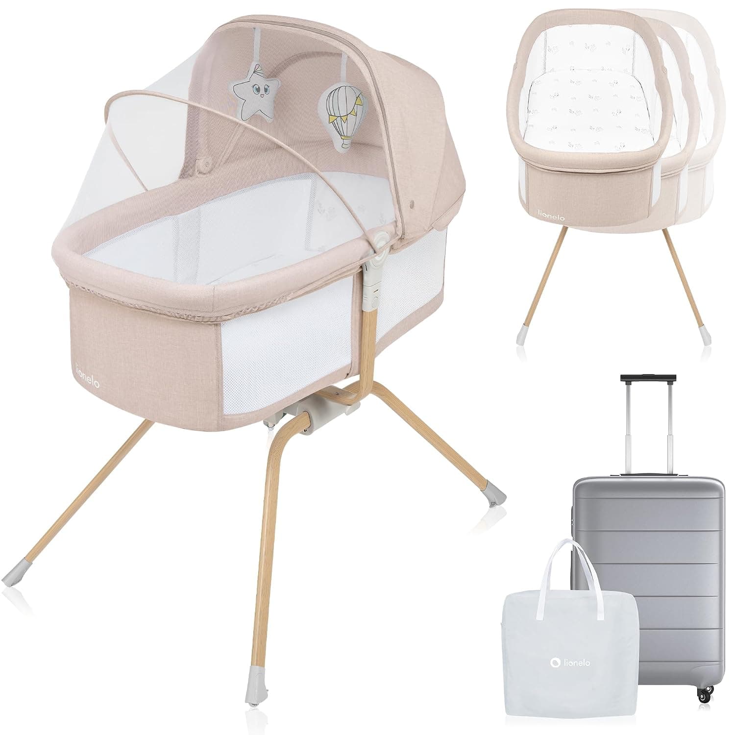 Lionelo Malin 3-in-1 Baby Cradle, Travel Cot & Bassinet – Patented Rocking System with Lock, Adjustable Incline Mattress, Breathable Mesh Sides, Quick Fold, Carry Bag, Canopy, Mosquito Net & Toys