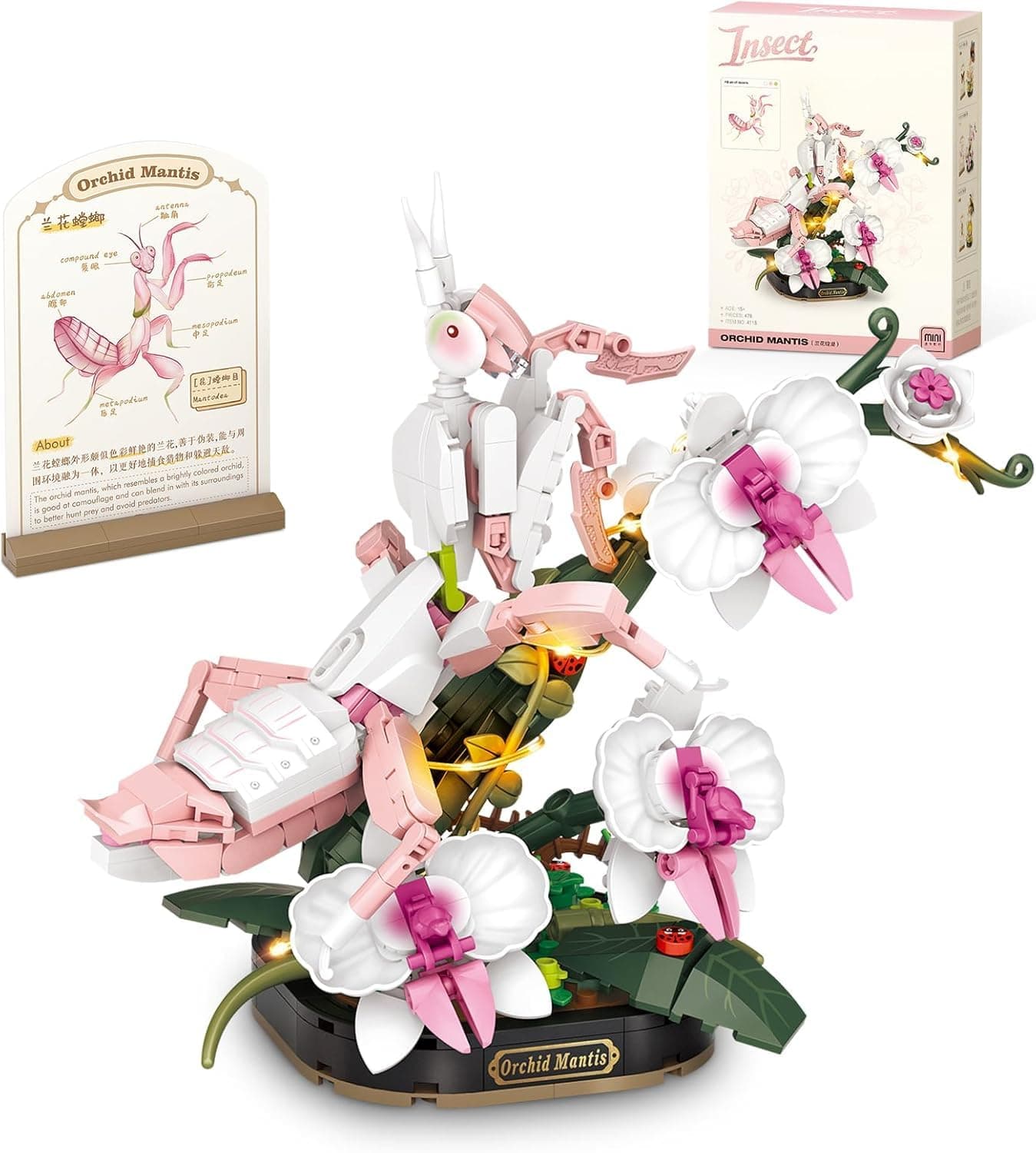 Orchid Mantis Building Set, Insect and Mini Animal Collection, Creative Bonsai Tree Plants DIY Assembly Kit, Educational Construction Toy for Adults and Kids Home Decoration