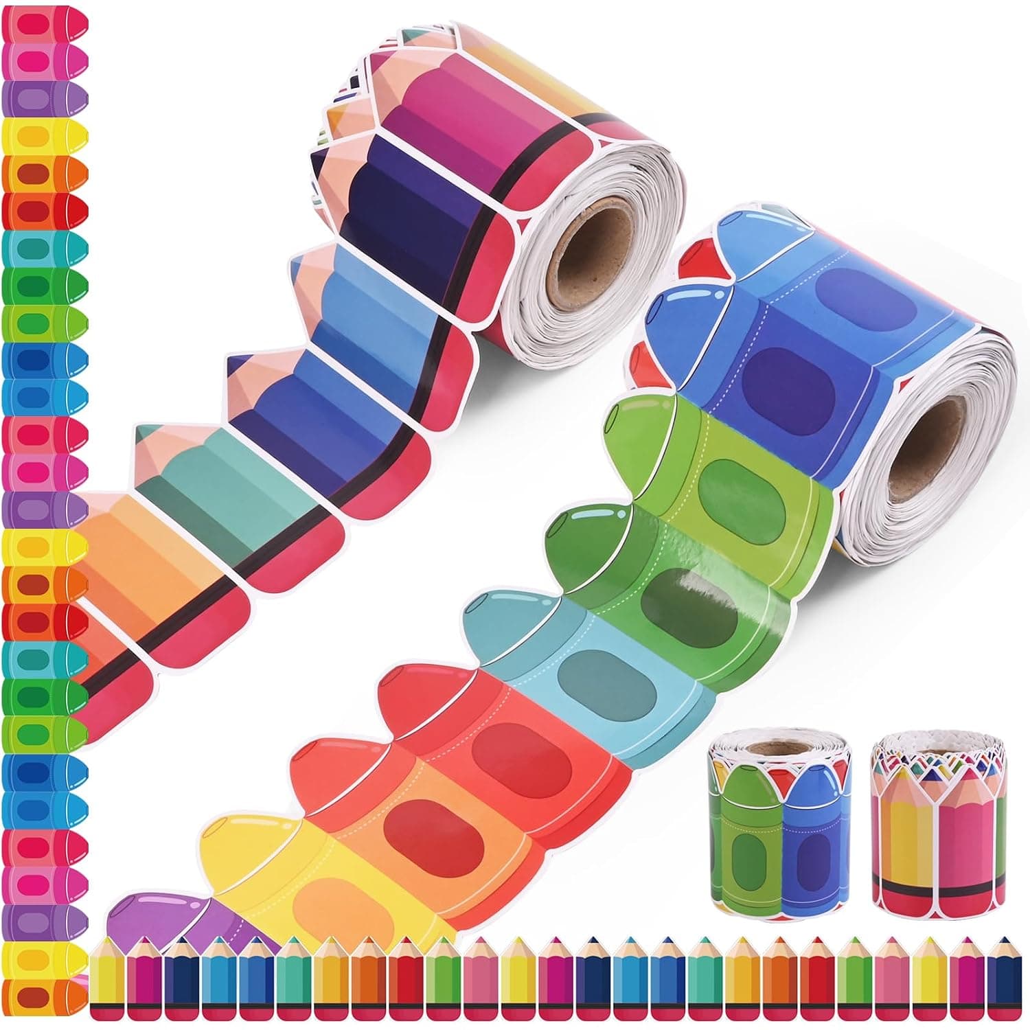 Back to School Bulletin Board Decorations – 2 Rolls 52ft Crayon and Pencil Border Trim, Self-Adhesive Classroom Decor for Wall, Chalkboard, Door, and Window