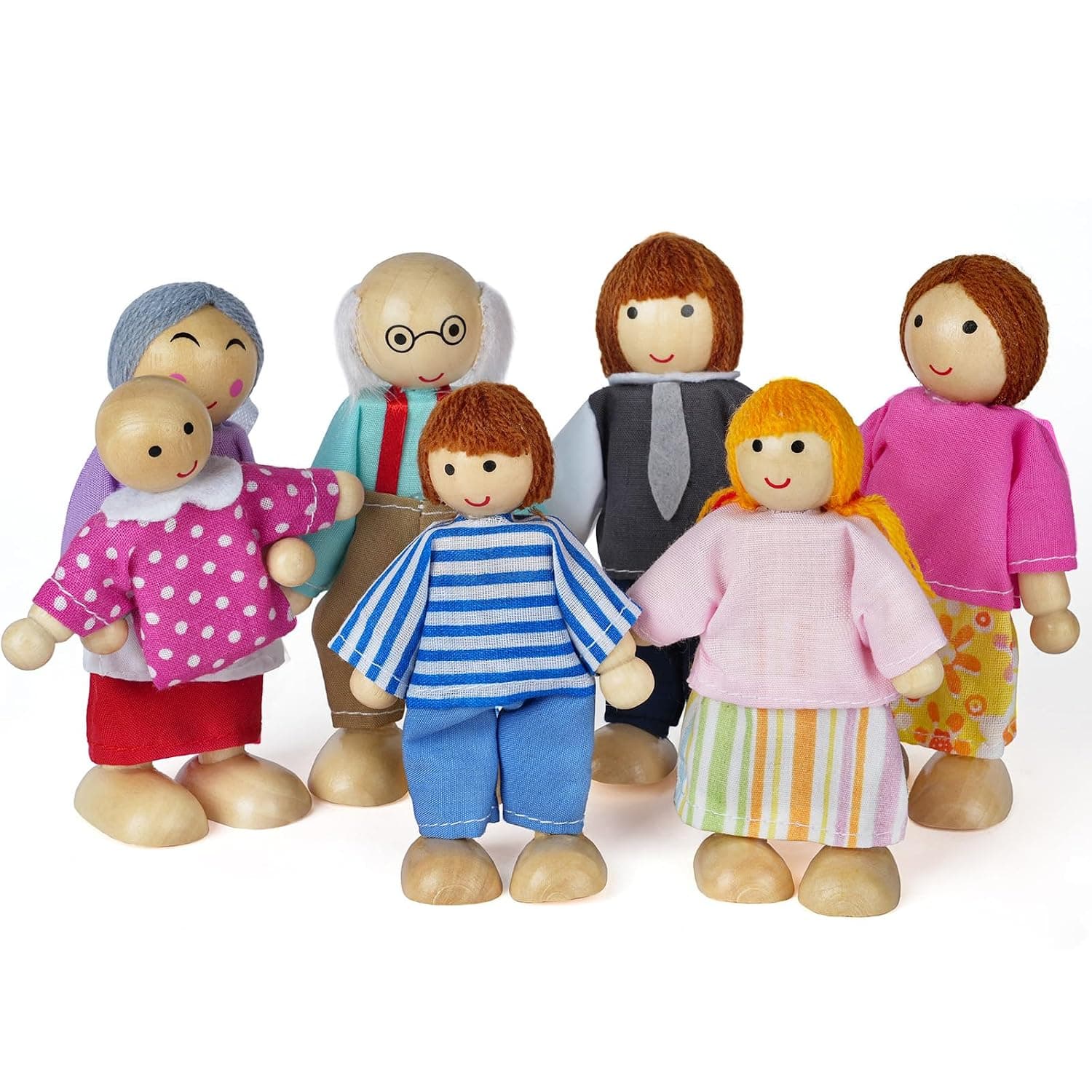 Aolso Wooden Family Dolls Playset of 7 People, Wooden Figures Set for Children Doll house Pretend Gift, Family Set for Dolls House Accessories Kids Toy