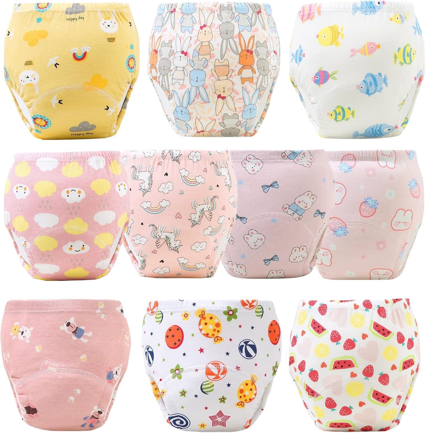 Oasisgalore 10PCS Baby Potty Training Pants, Breathable Reusable Cloth Diapers for Babies, Toddler Training Underwear for 0-3 Years Boys and Girls, Strong Absorbent Cotton Training Pants