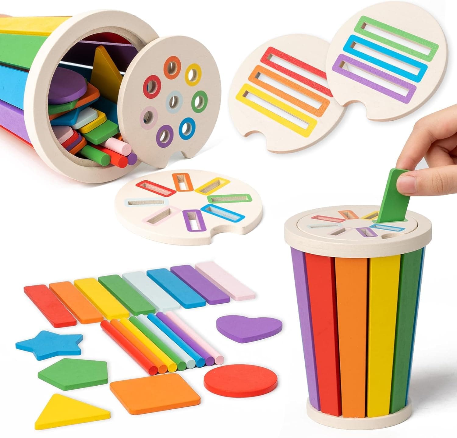 Montessori Toys for 1-3 Year Old, 3 In 1, Wooden Color Sorting Learning Toys for Toddlers, Fine Motor Skills Matching Games, Sensory Development Educational Toy, 12 Month+ Baby Boys Girls