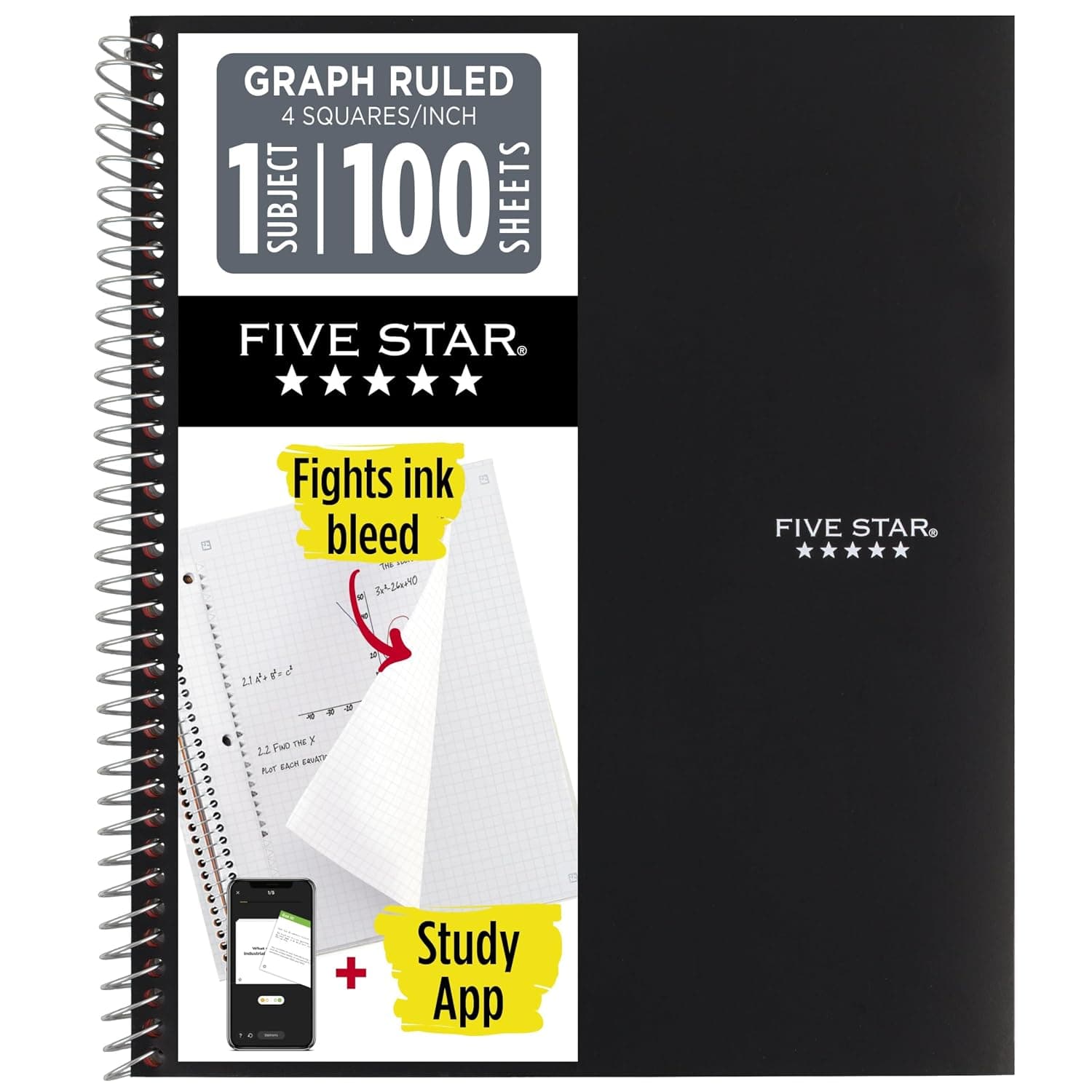 Five Star Spiral-Notebook, 1-Subject, Graph Ruled Paper, 11" x 8-1/2", 100 Sheets, Black (73679)
