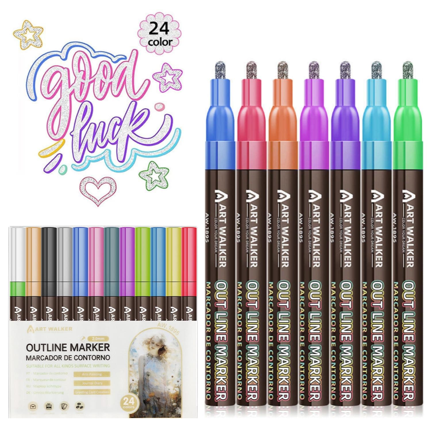 Mesen Shimmer Markers, 24 Colors Outline Metallic Glitter Pens Set, Shiny Art Double Line Shimmer Pens Sparkly Paint Markers Pens for Painting, Doodling, Drawing, Card Making, Scrapbooks, Crafts
