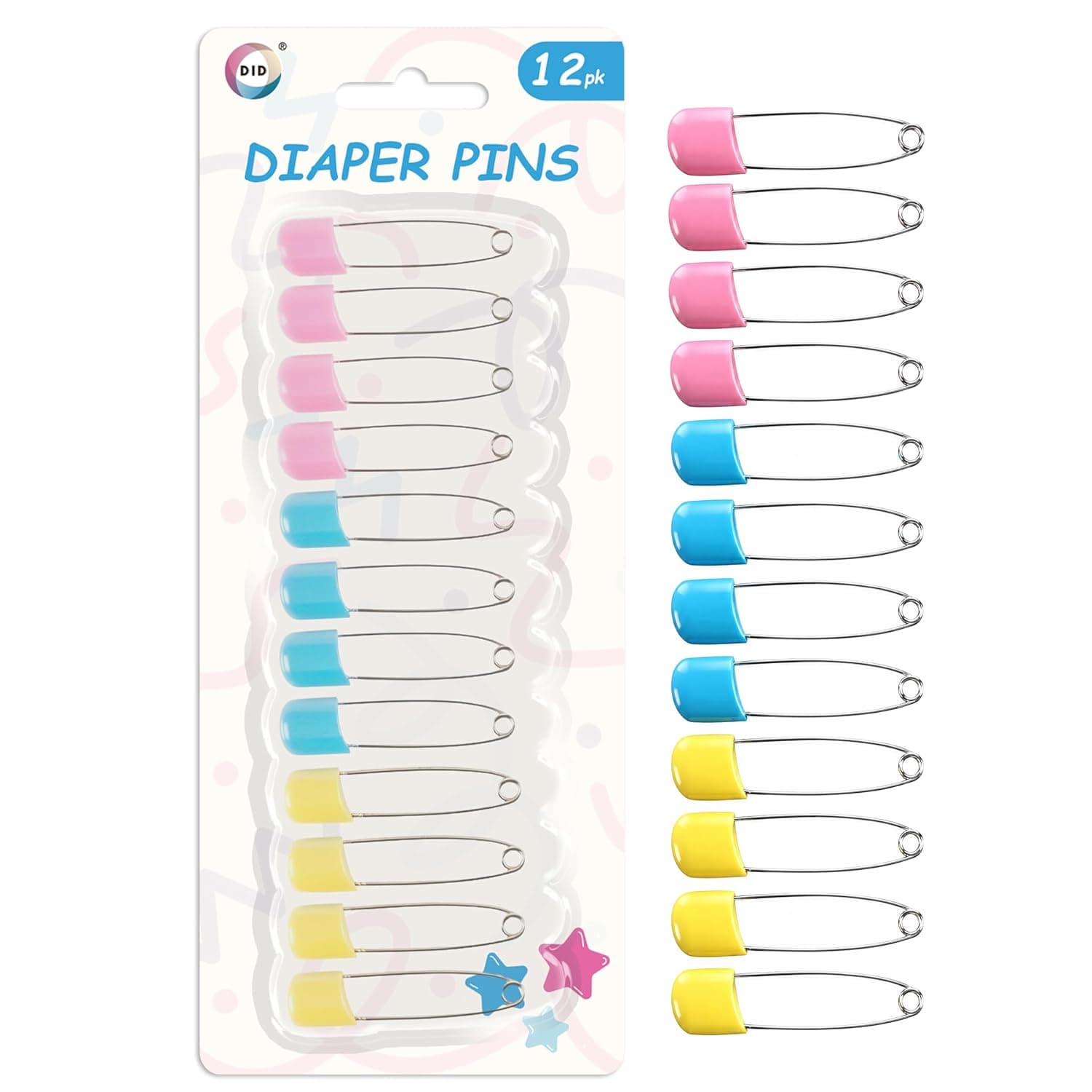 DID Diaper Pins, Assorted Pink Blue and Yellow Nappy Pins with Safety Covers, Secure Fasteners for Cloth Nappies, Baby Care, Sewing, Crafts, Clothing Repairs and Household Use Pack Set (Pack of 12)
