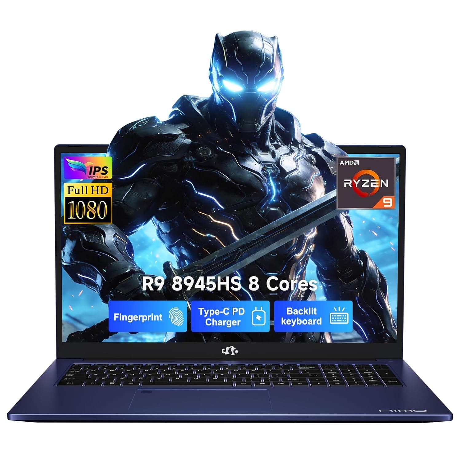 NIMO 17.3 Gaming-Laptop Ryzen 9 8945HS (Beat i9-13900H, Up to 5.2GHz) 16GB RAM, 512GB SSD, Radeon 780M, PD 100W Type-C AI-Enhanced for Copilot VR Ready, Backlit Keyboard, Fingerprint, 180°Viewing