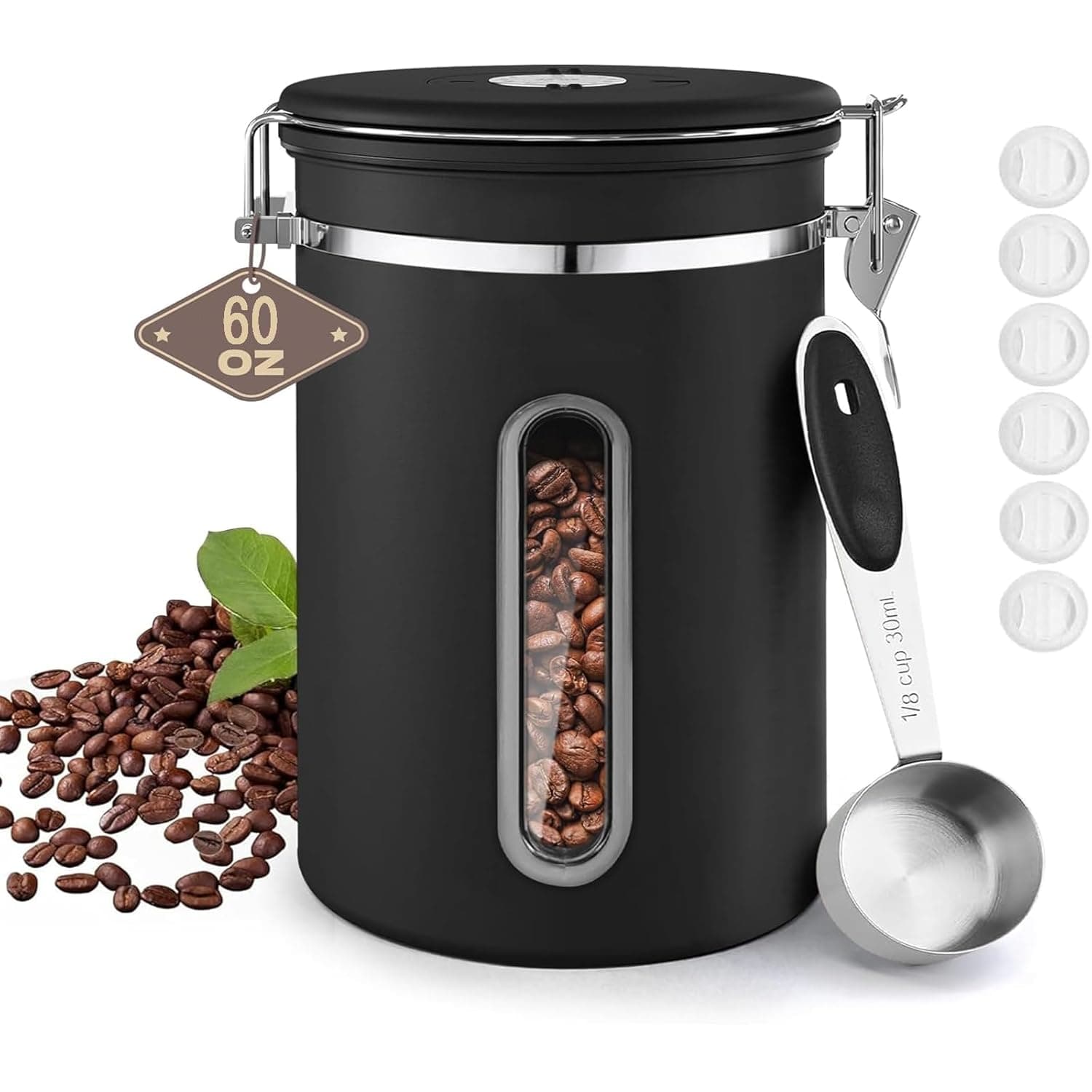 Coffee Canister with Window, Airtight Stainless Steel Kitchen Food Storage Container with Lids, Date Tracker and Scoop for Grounds Coffee, Beans, Tea, Flour, Cereal, Sugar Jars, 60OZ, Black