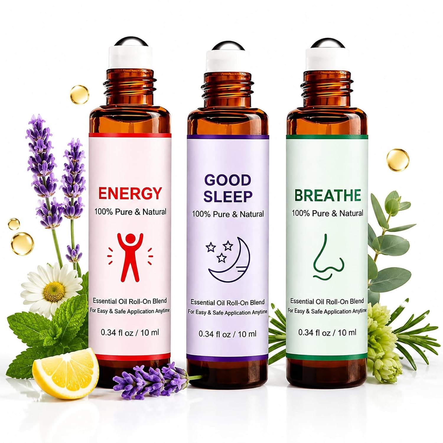 Set of essential oils roll-on 3 x 10 ml set of aromatic essential oils rollerball essential oils relaxing sleep for diffuser body cuffs behind the ears oils