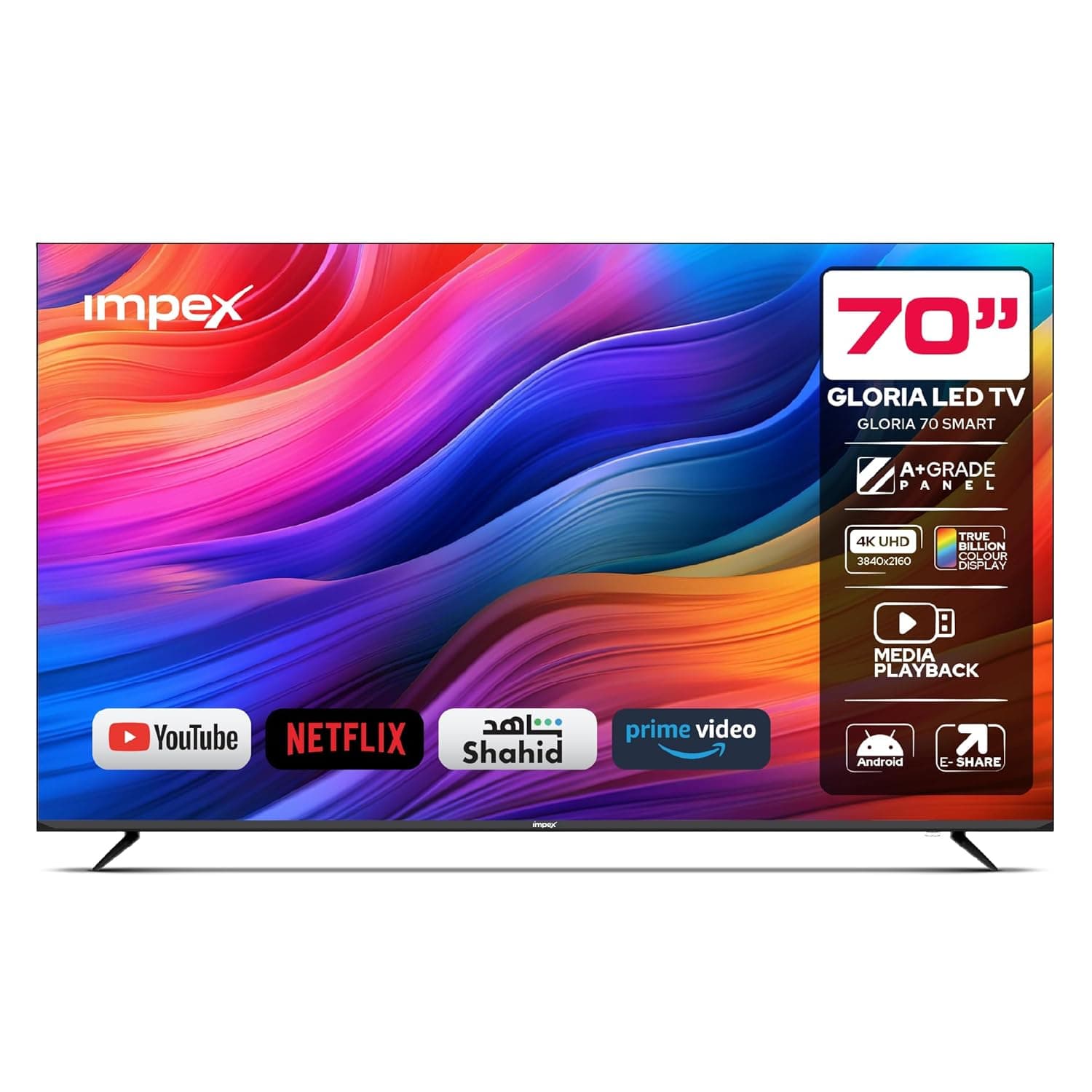 Impex 70 Inch 4K Ultra HD Smart Android LED TV-Frame Less Design,Mirror Cast And E-Share, HDMI\USB Wi-Fi Input, 2 years Warranty,Netflix, YouTube, Disney+,Starz Play Arabia-Gloria 70 Smart