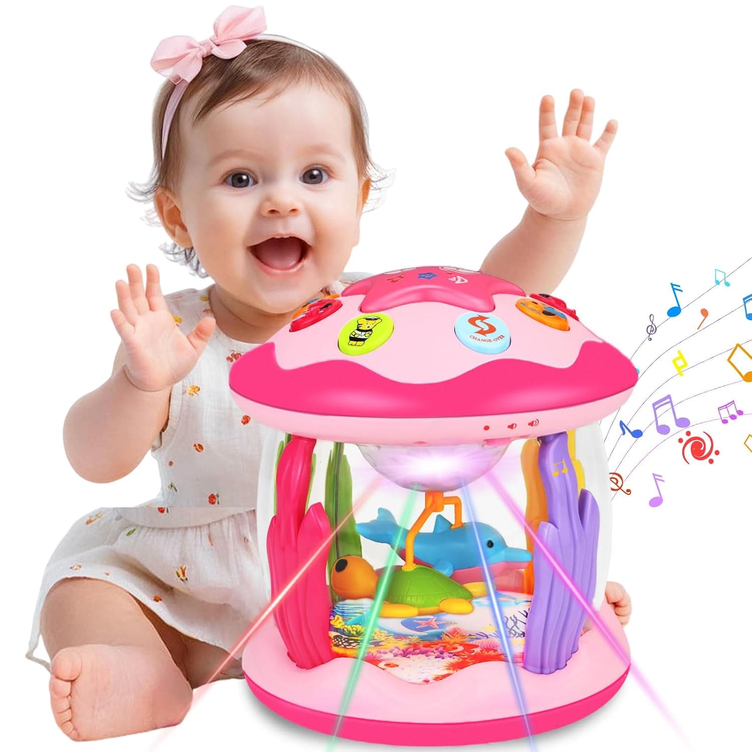 Hapyland Baby Toys 6-12 Months Girl Gifts: Babies Ocean Rotating Light Up Musical Toys for Toddlers 1 2 Year Old Crawling Learning Infant Toy 6 7 8 9 10 11 12 Months Old Baby Girl Gift (Pink)