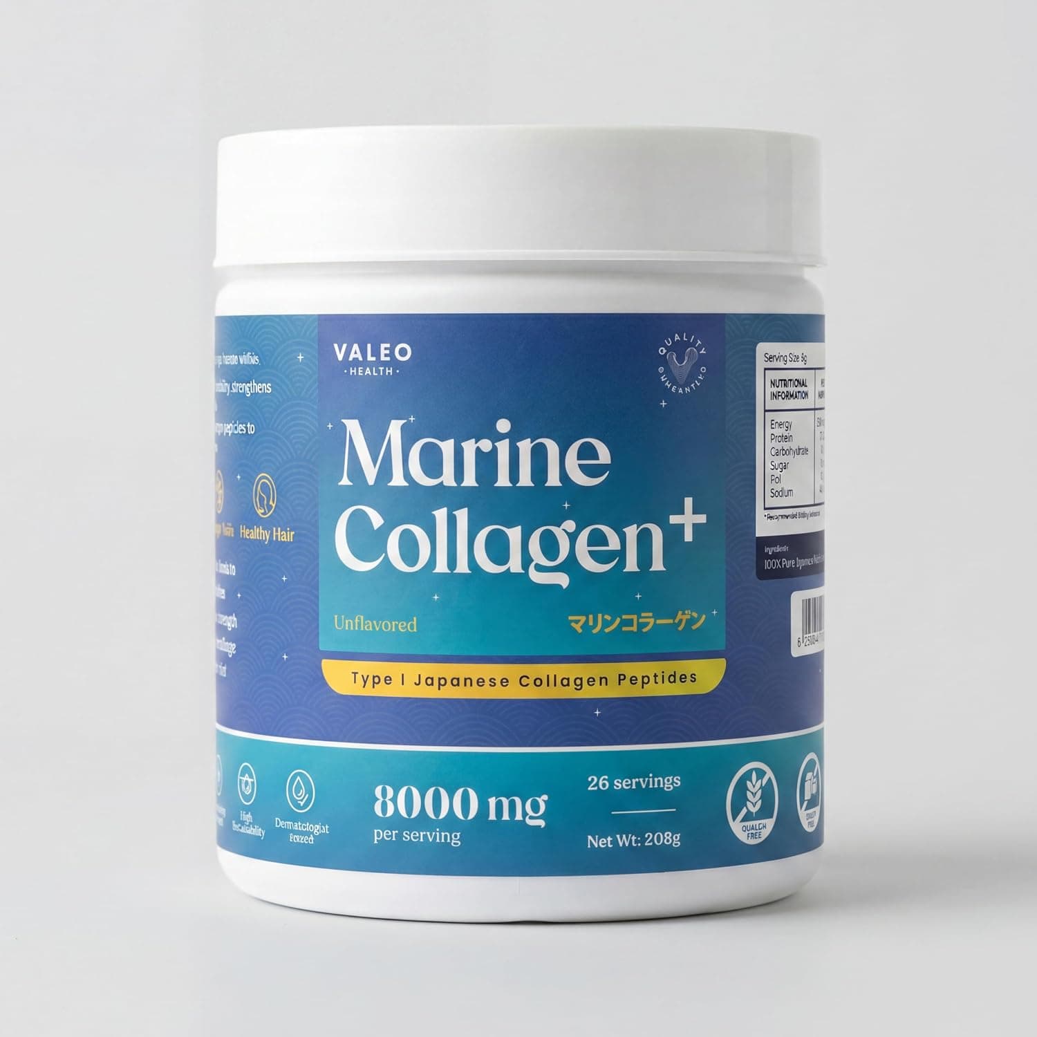 Valeo Marine Collagen Powder | 100% Pure Japanese Marine Collagen Peptides | 8000mg per Serving | Skin, Hair, Nails, Joints | Unflavored | Gluten Free | 208g
