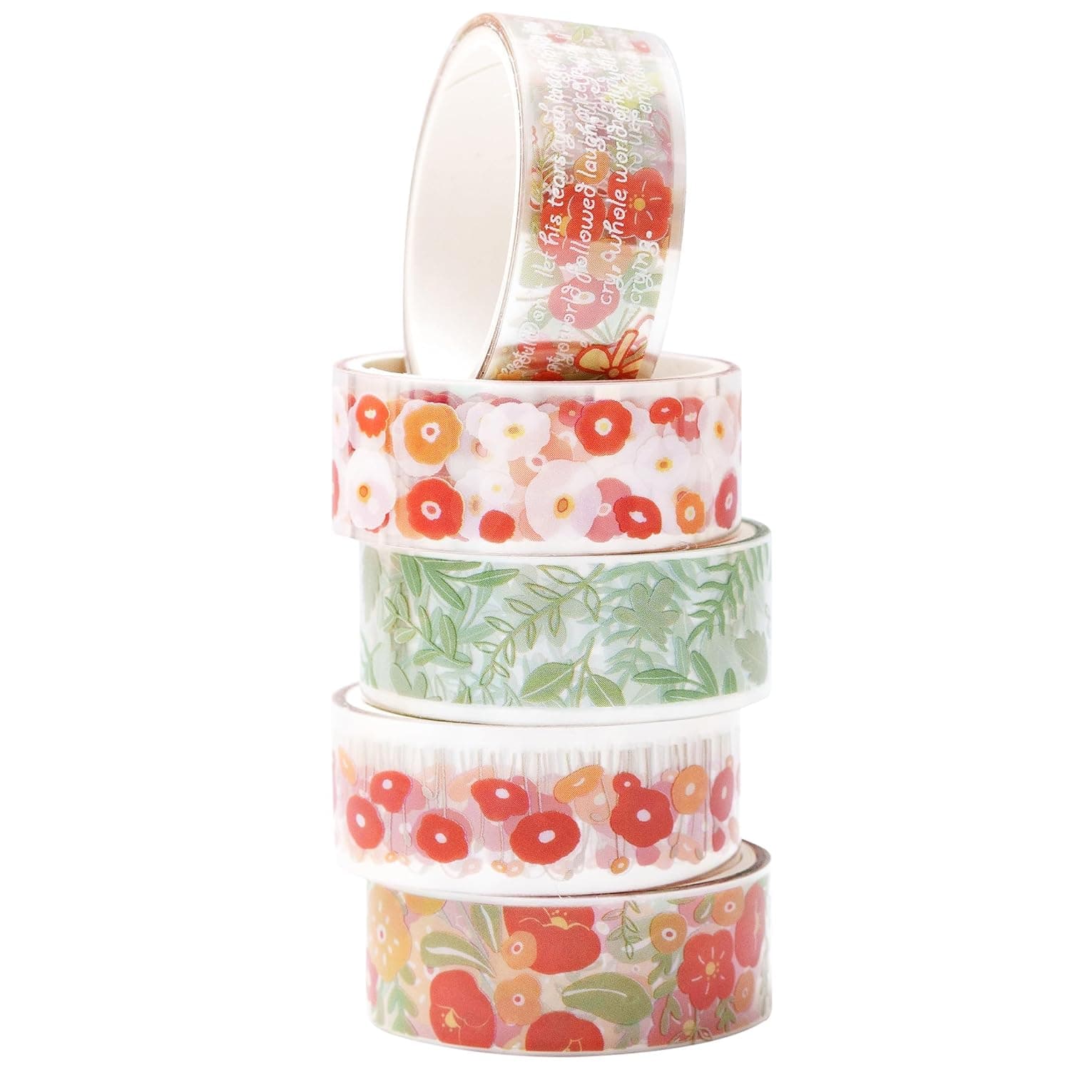 Floral Washi Tape Set, Transparent PET Botanical Decorative Rolls, Adhesive Craft Tape for Journaling Scrapbooking Planner Gift Wrapping Nail Art DIY, 15mm x 2m, 5 Rolls