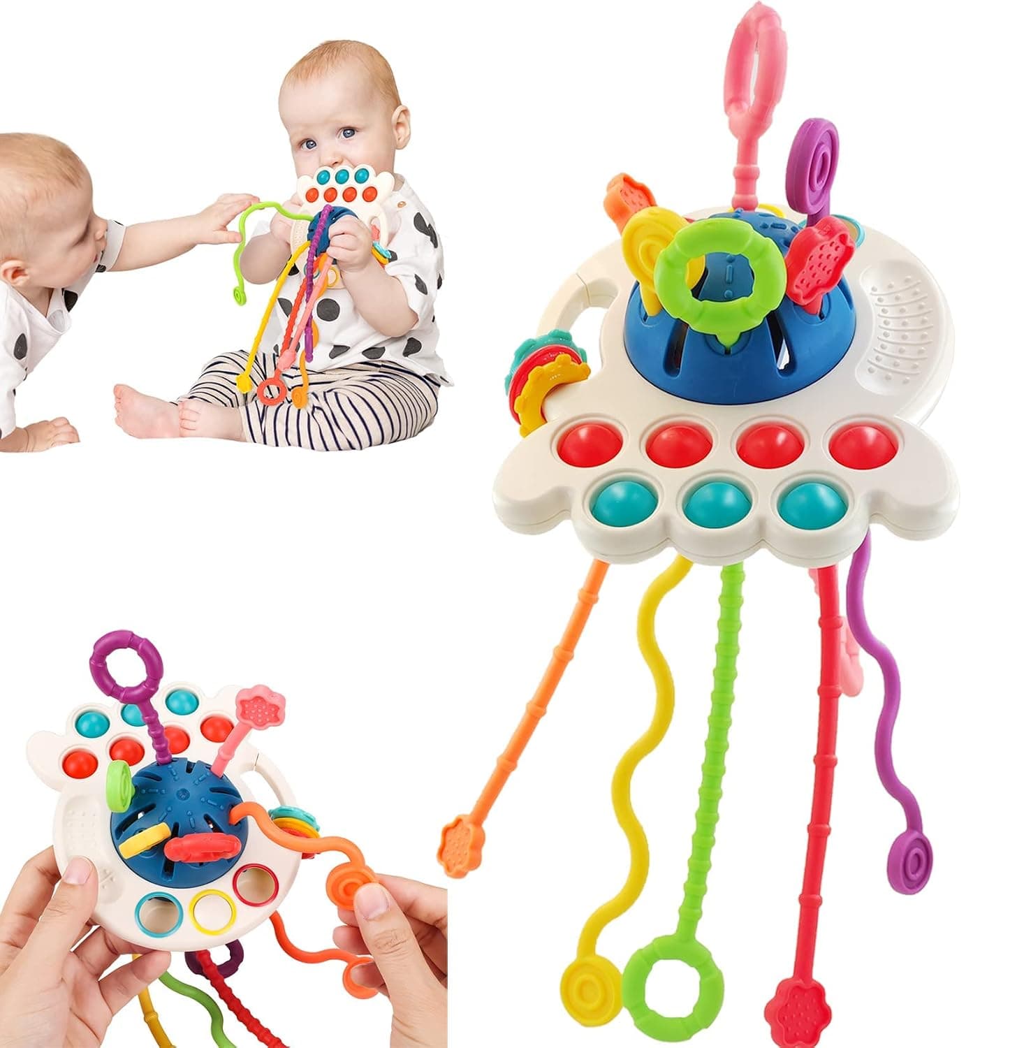 Joyzzz Baby Sensory Montessori Silicone Toy, BPA Free Food Grade Silicone Pull String Toy, Push and Pull Rope Fine Motor Sensory Drawstring Educational Toy for 1+ Toddler Infants